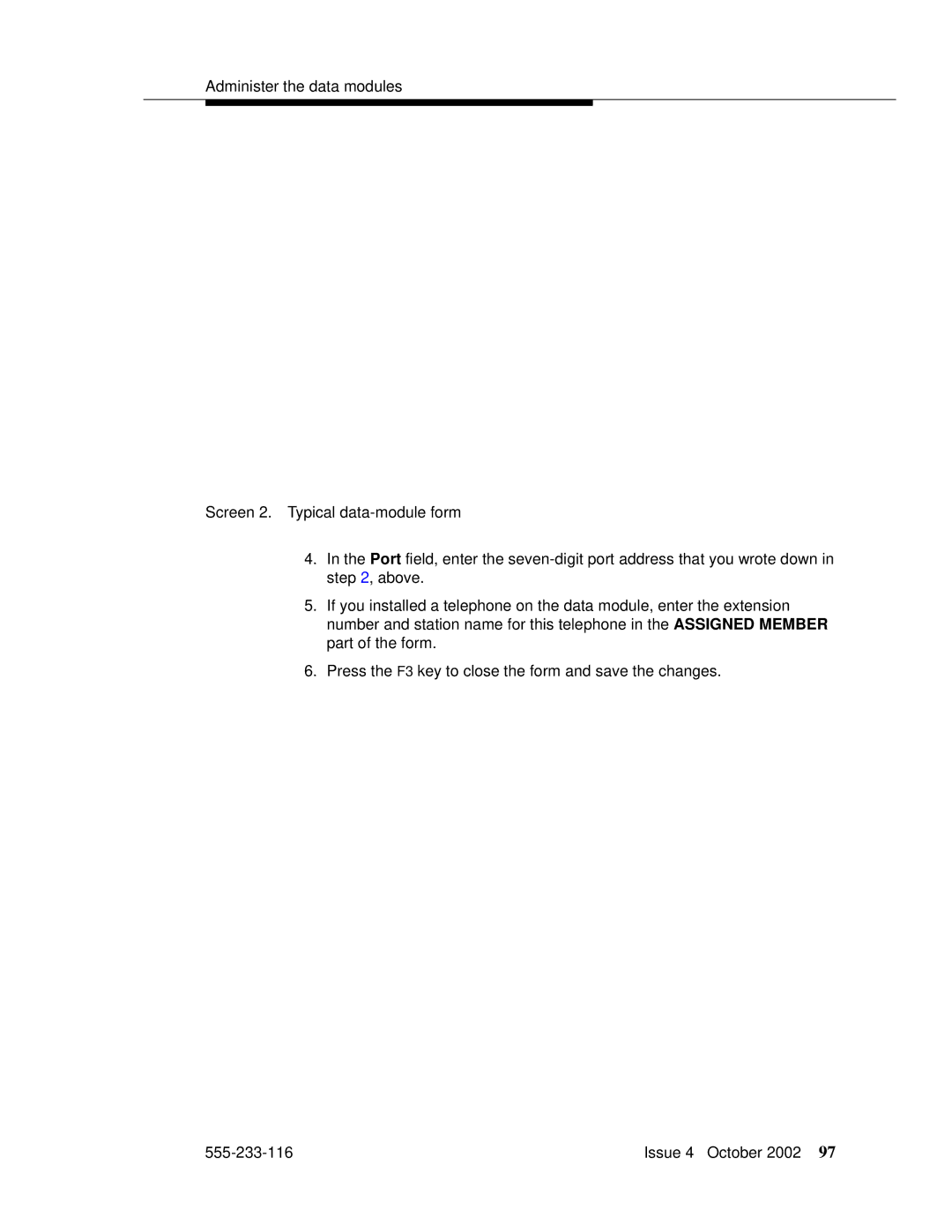 Avaya 555-233-116 manual Screen 2. Typical data-module form 