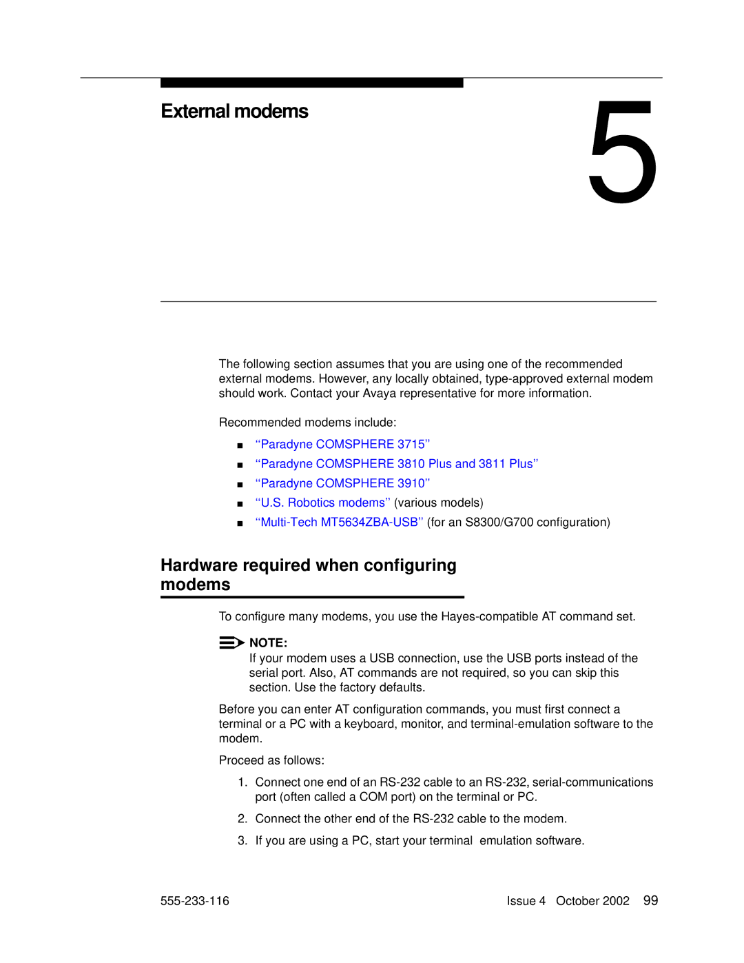 Avaya 555-233-116 manual External modems, Hardware required when configuring modems 