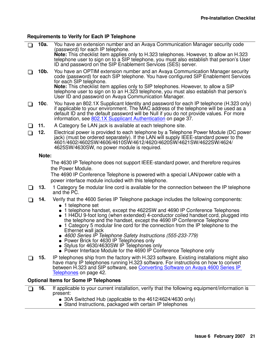 Avaya 555-233-128 manual Requirements to Verify for Each IP Telephone, Optional Items for Some IP Telephones 