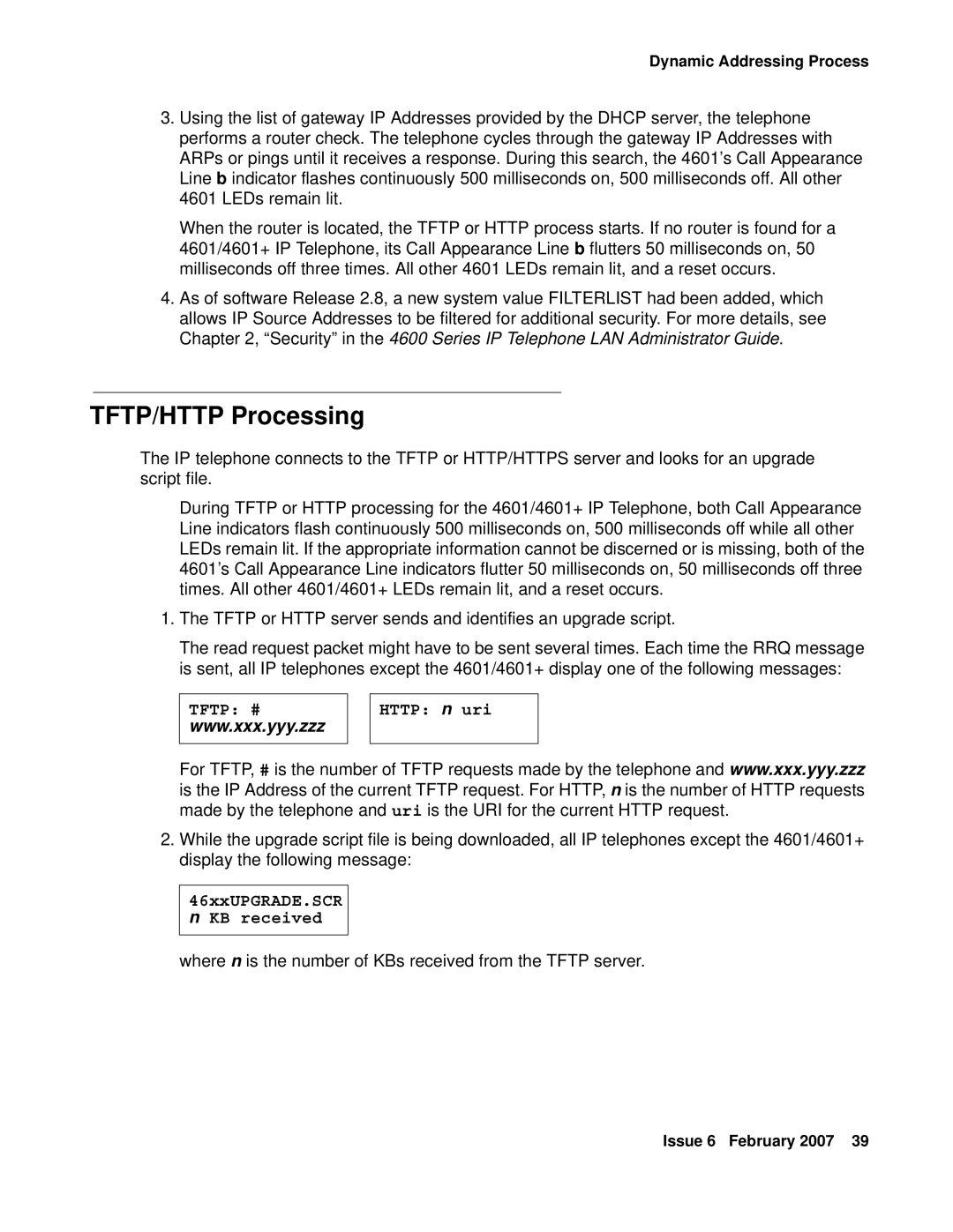 Avaya 555-233-128 manual TFTP/HTTP Processing, Http n uri, 46xxUPGRADE.SCR n KB received 