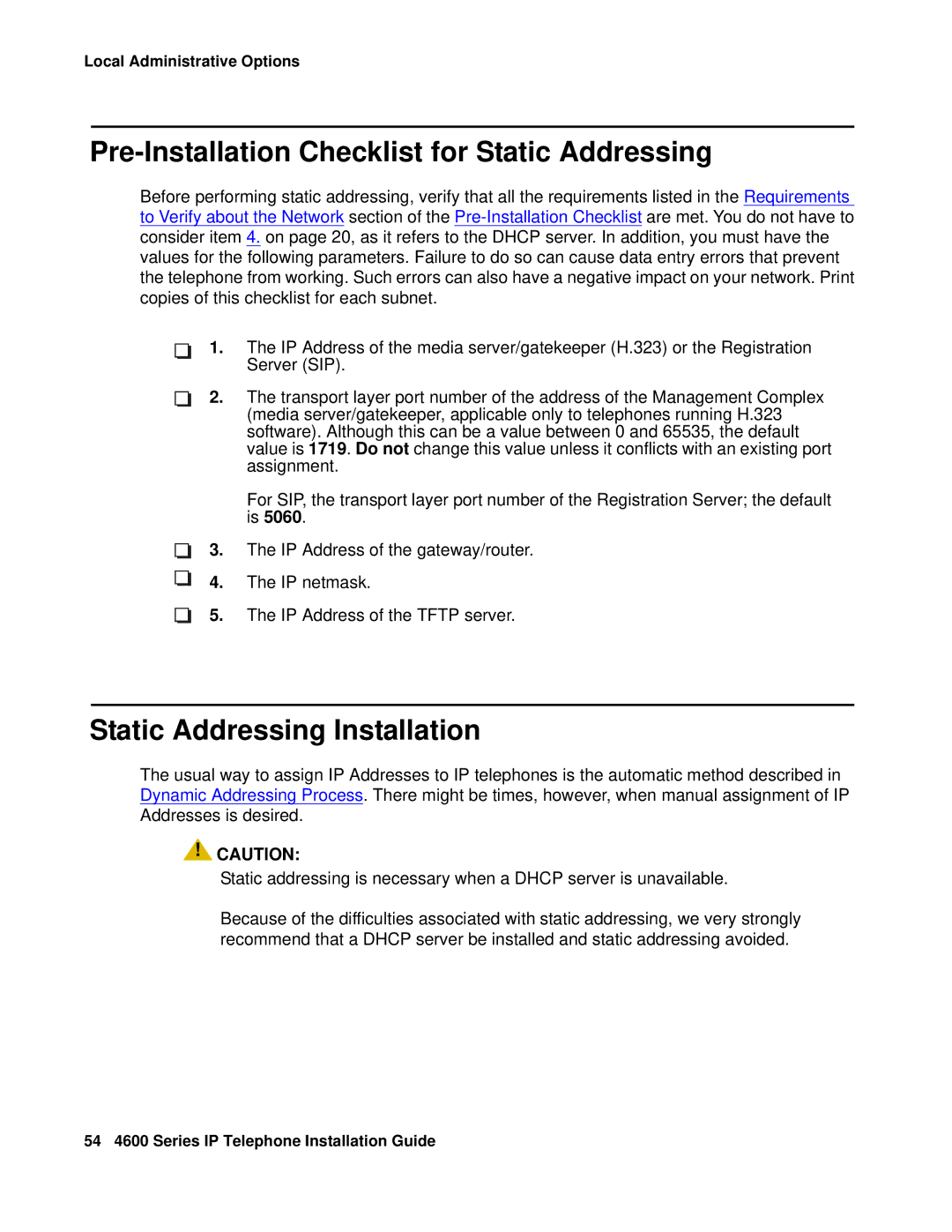 Avaya 555-233-128 manual Pre-Installation Checklist for Static Addressing, Static Addressing Installation 