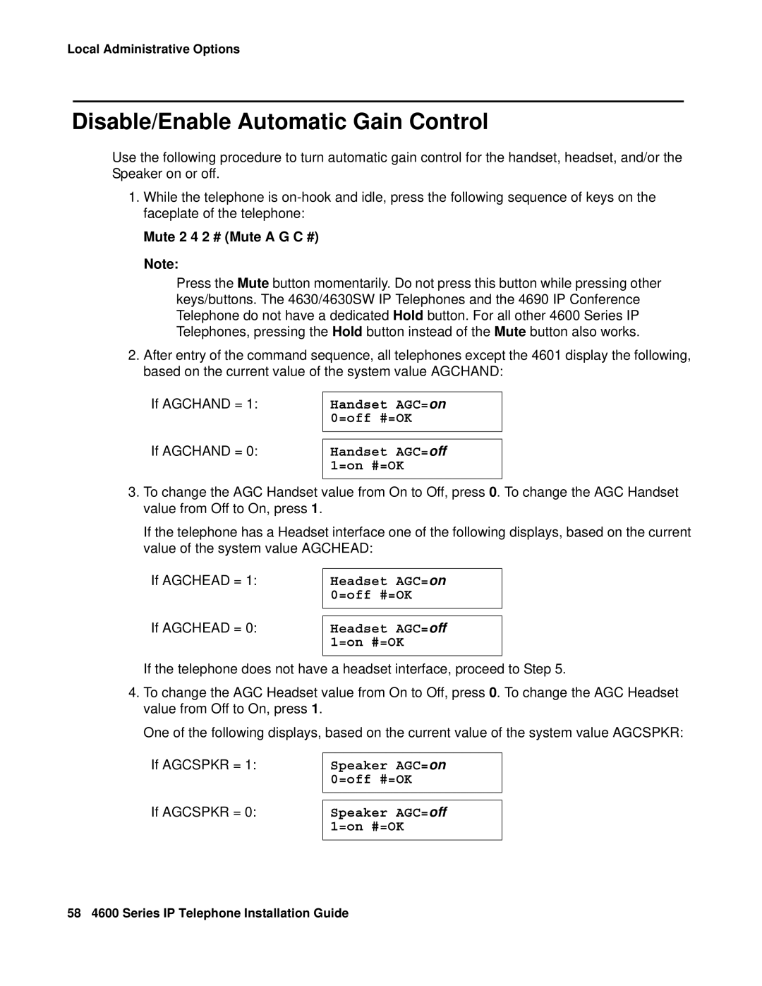 Avaya 555-233-128 manual Disable/Enable Automatic Gain Control, Mute 2 4 2 # Mute a G C # 