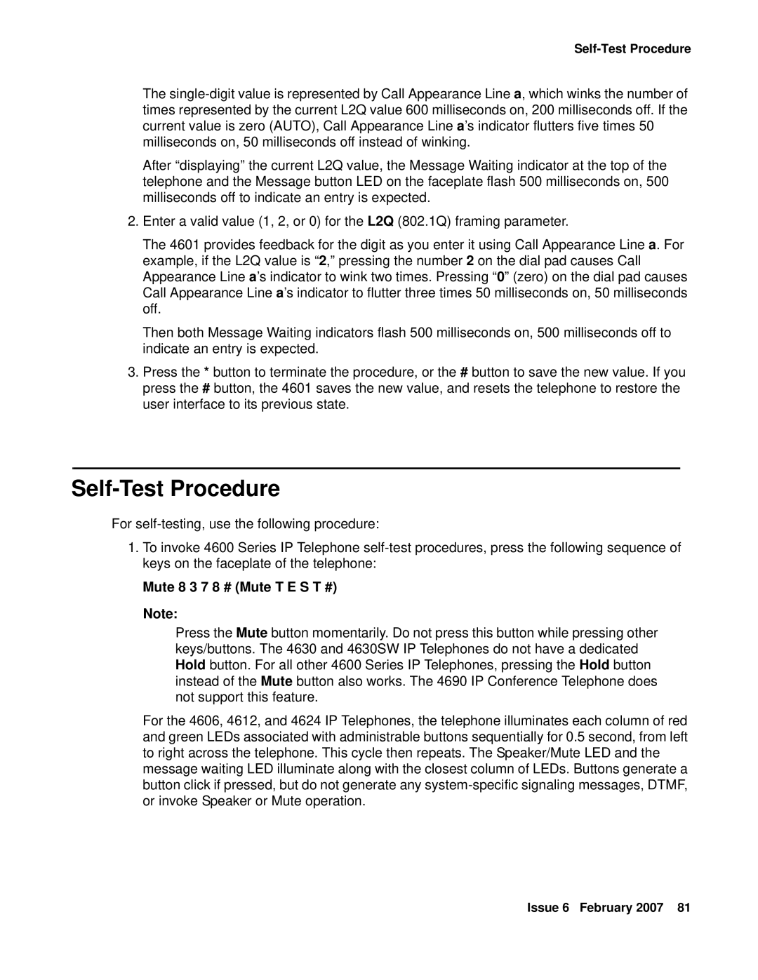 Avaya 555-233-128 manual Self-Test Procedure, Mute 8 3 7 8 # Mute T E S T # 