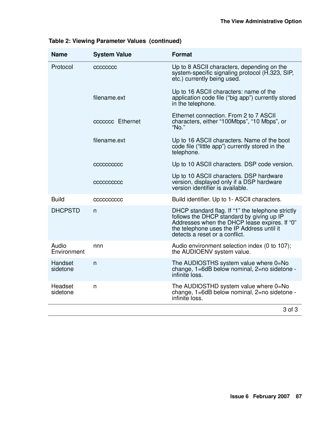 Avaya 555-233-128 manual Viewing Parameter Values, Name System Value Format, Filename.ext, Ccccccc Ethernet, Cccccccccc 