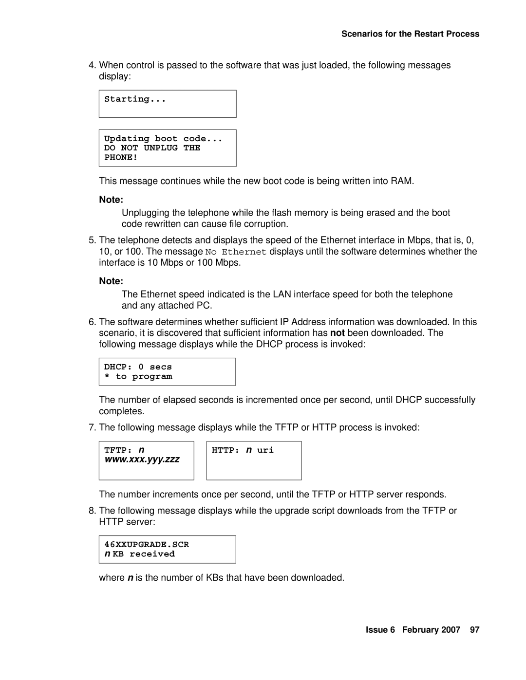 Avaya 555-233-128 manual Starting Updating boot code, Dhcp 0 secs * to program, Tftp n Http n uri 