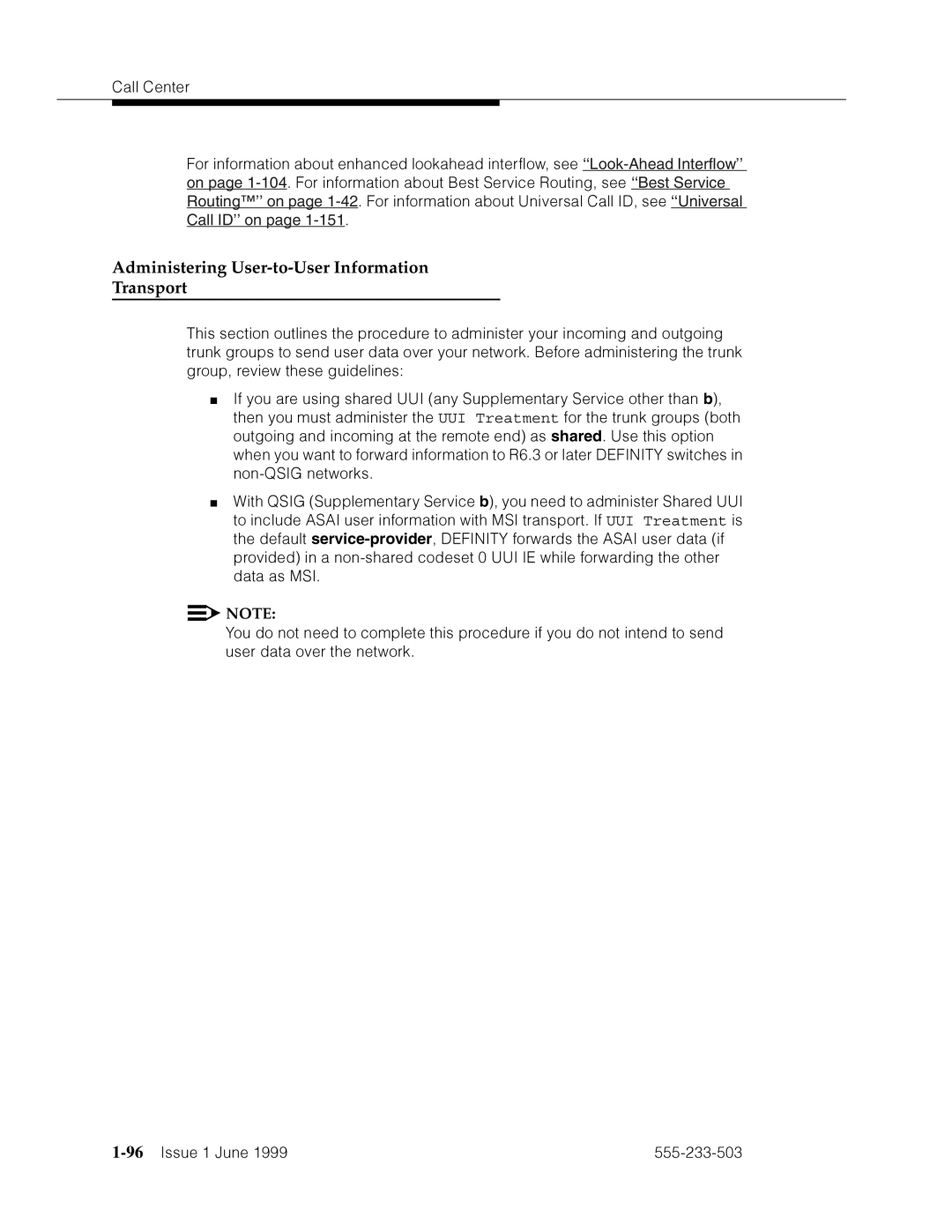 Avaya 555-233-503 manual Administering User-to-User Information Transport, 96’’¤F˜s˜¤mF˜snnn˜ 