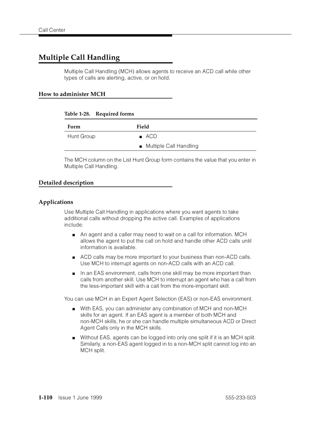 Avaya 555-233-503 Multiple Call Handling, How to administer MCH, Required forms Form Field, ˜’zda›, 110’’¤F˜s˜¤mF˜snnn˜ 