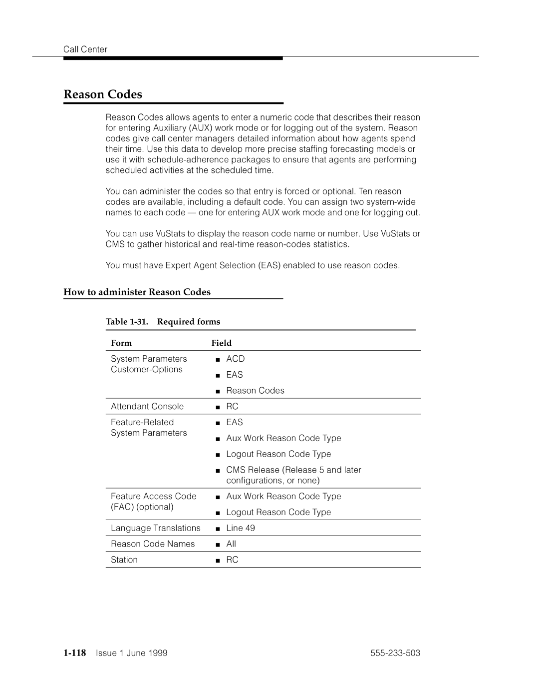 Avaya 555-233-503 manual How to administer Reason Codes, Required forms Form Field, 118’’¤F˜s˜¤mF˜snnn˜ 