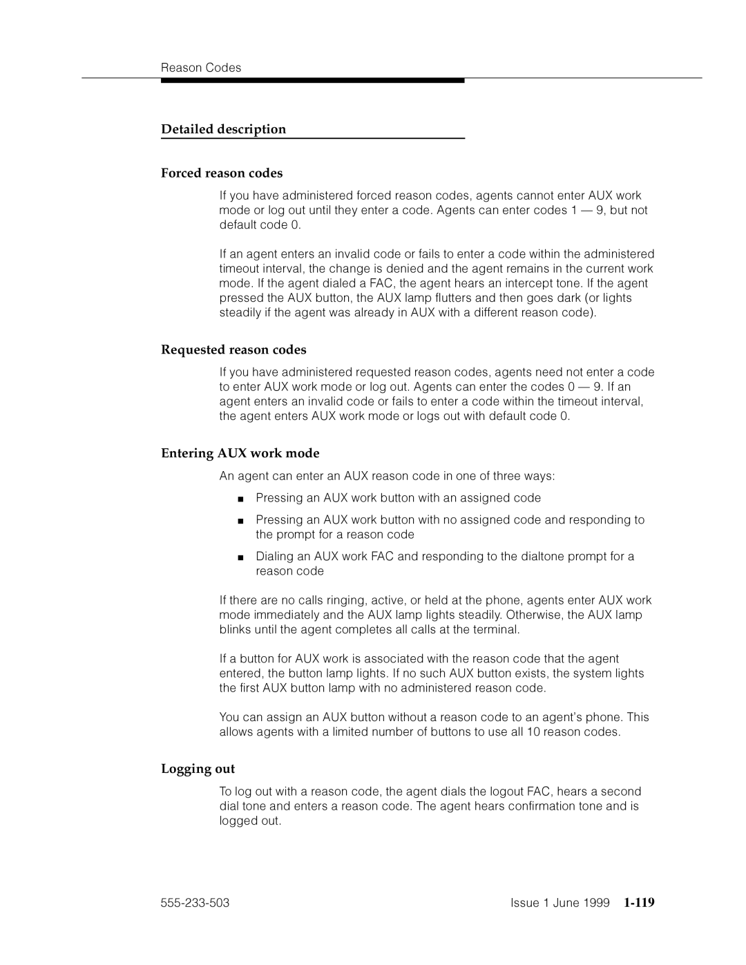 Avaya 555-233-503 Detailed description Forced reason codes, Requested reason codes, Entering AUX work mode, Logging out 