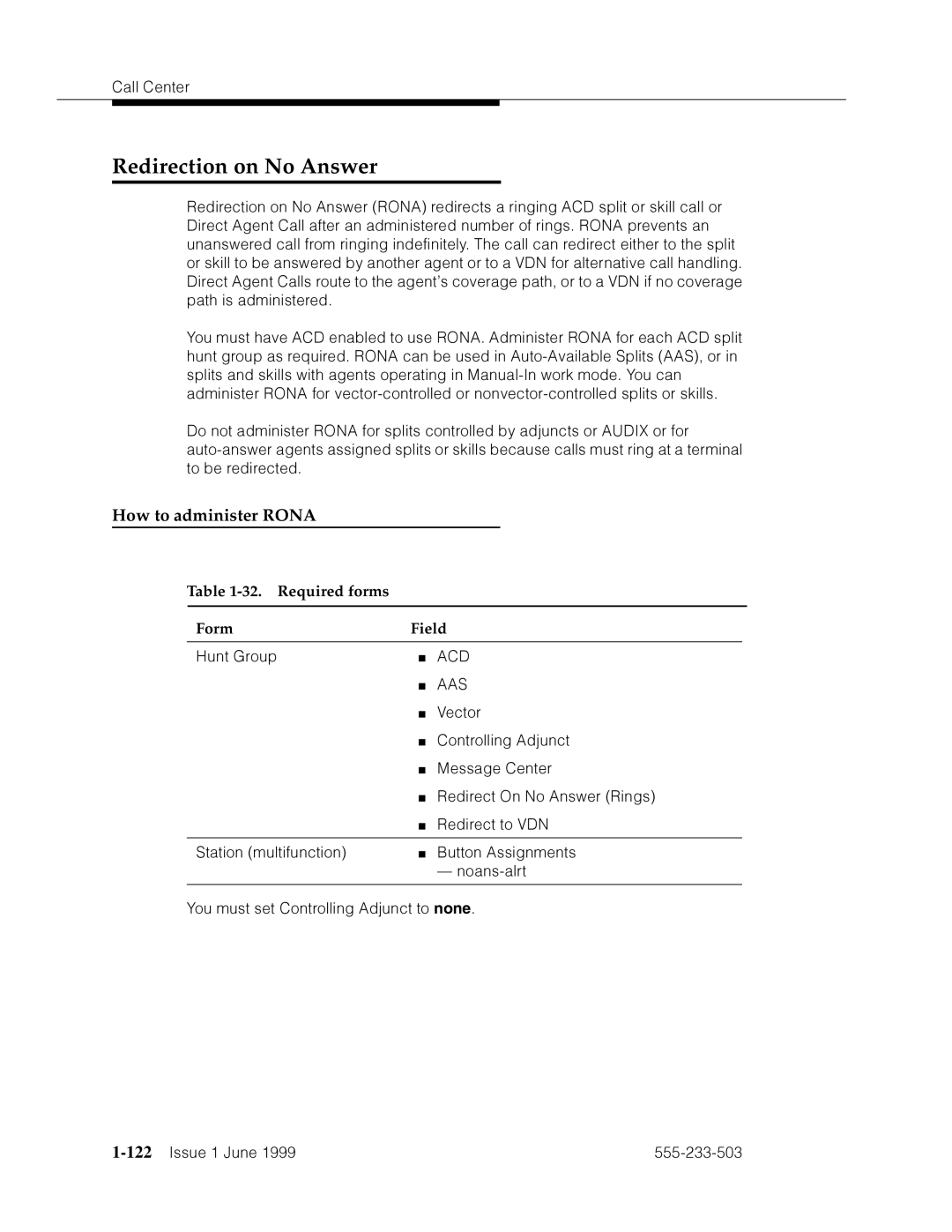 Avaya 555-233-503 manual Redirection on No Answer, How to administer Rona, Required forms Form Field, 122’’¤F˜s˜¤mF˜snnn˜ 