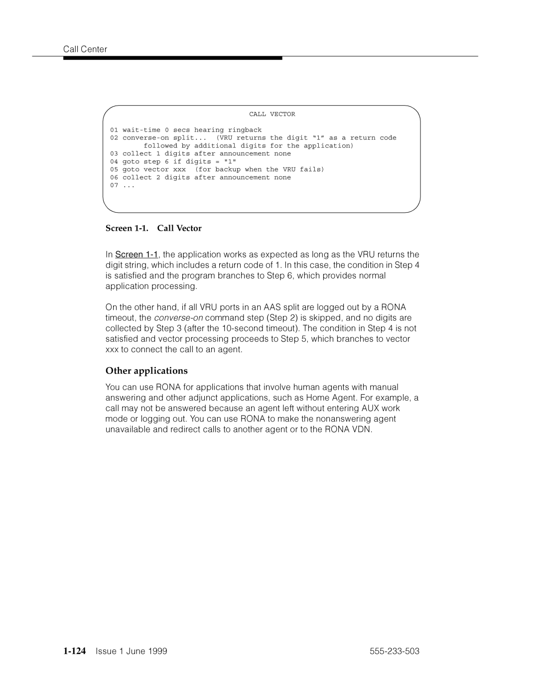 Avaya 555-233-503 manual Other applications, Screen 1-1. Call Vector, ¨¨¨˜›p˜4pmmF4›˜›F˜4dd˜›p˜m˜VFm›, 124’’¤F˜s˜¤mF˜snnn˜ 