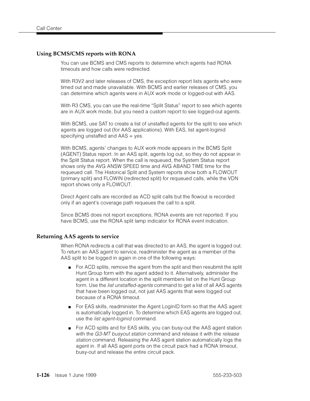 Avaya 555-233-503 manual Using BCMS/CMS reports with Rona, Returning AAS agents to service, 126’’¤F˜s˜¤mF˜snnn˜ 