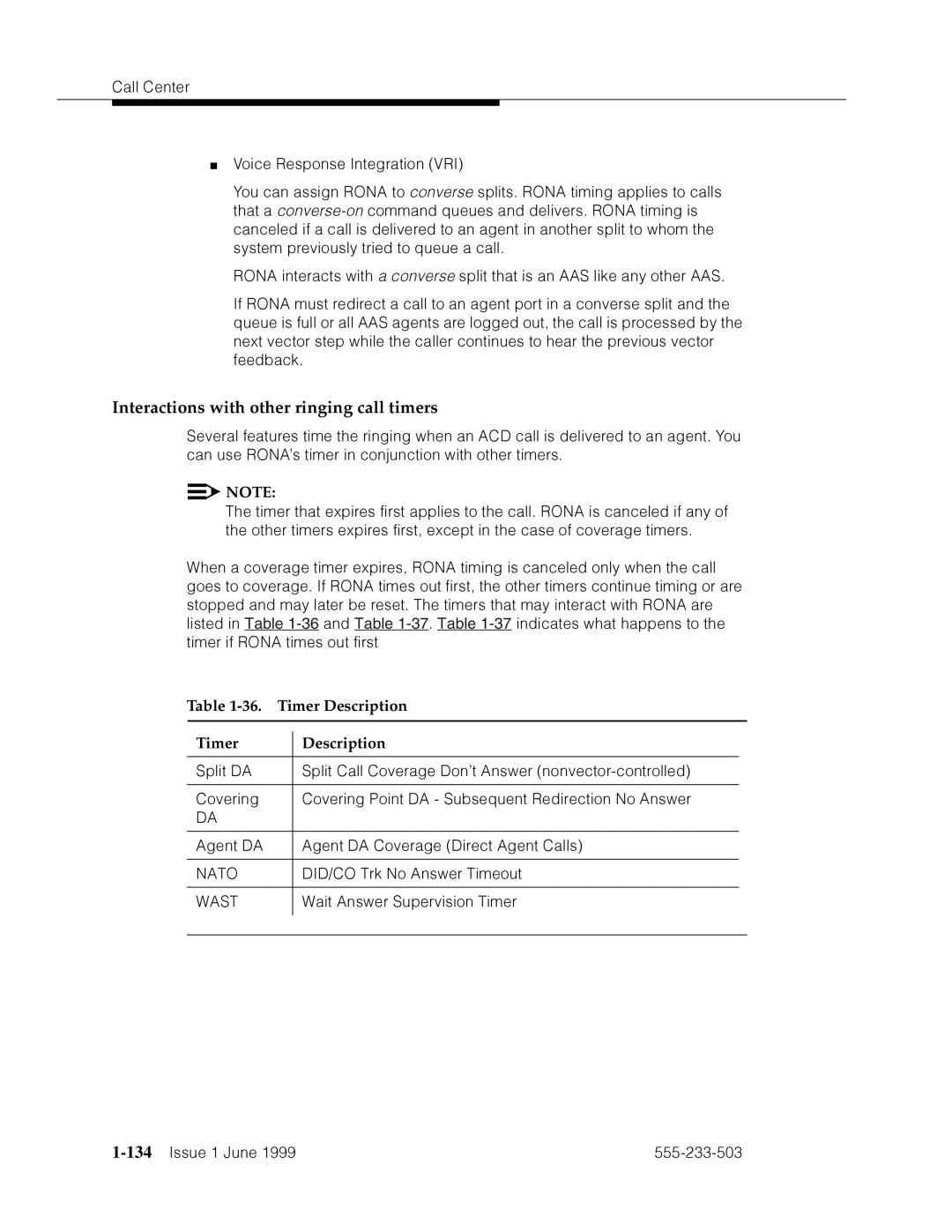 Avaya 555-233-503 manual Interactions with other ringing call timers, Dd˜Fm›F Pa4F˜F’zpm’F˜m›FV›apm˜, Timer Description 