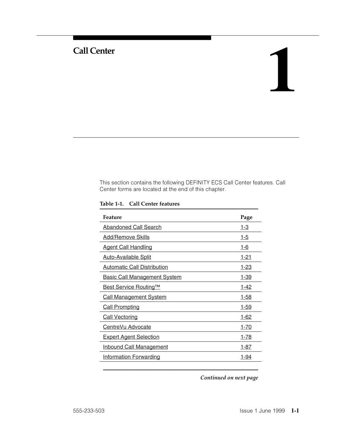 Avaya 555-233-503 manual Call Center features 