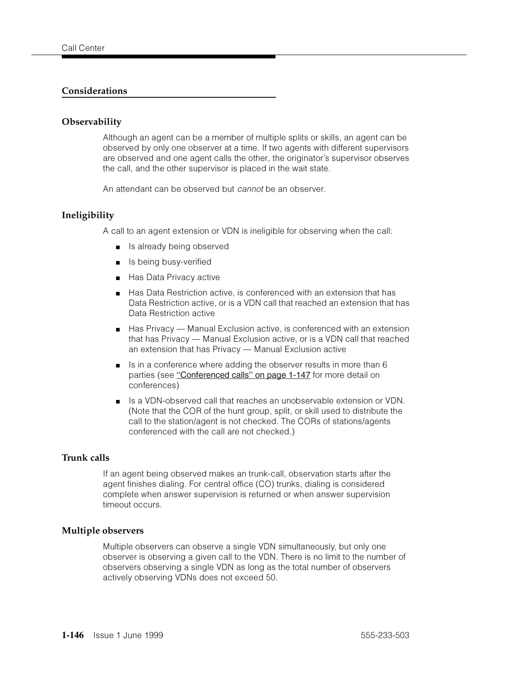 Avaya 555-233-503 manual Considerations Observability, Ineligibility, Trunk calls, Multiple observers, 146’’¤F˜s˜¤mF˜snnn˜ 