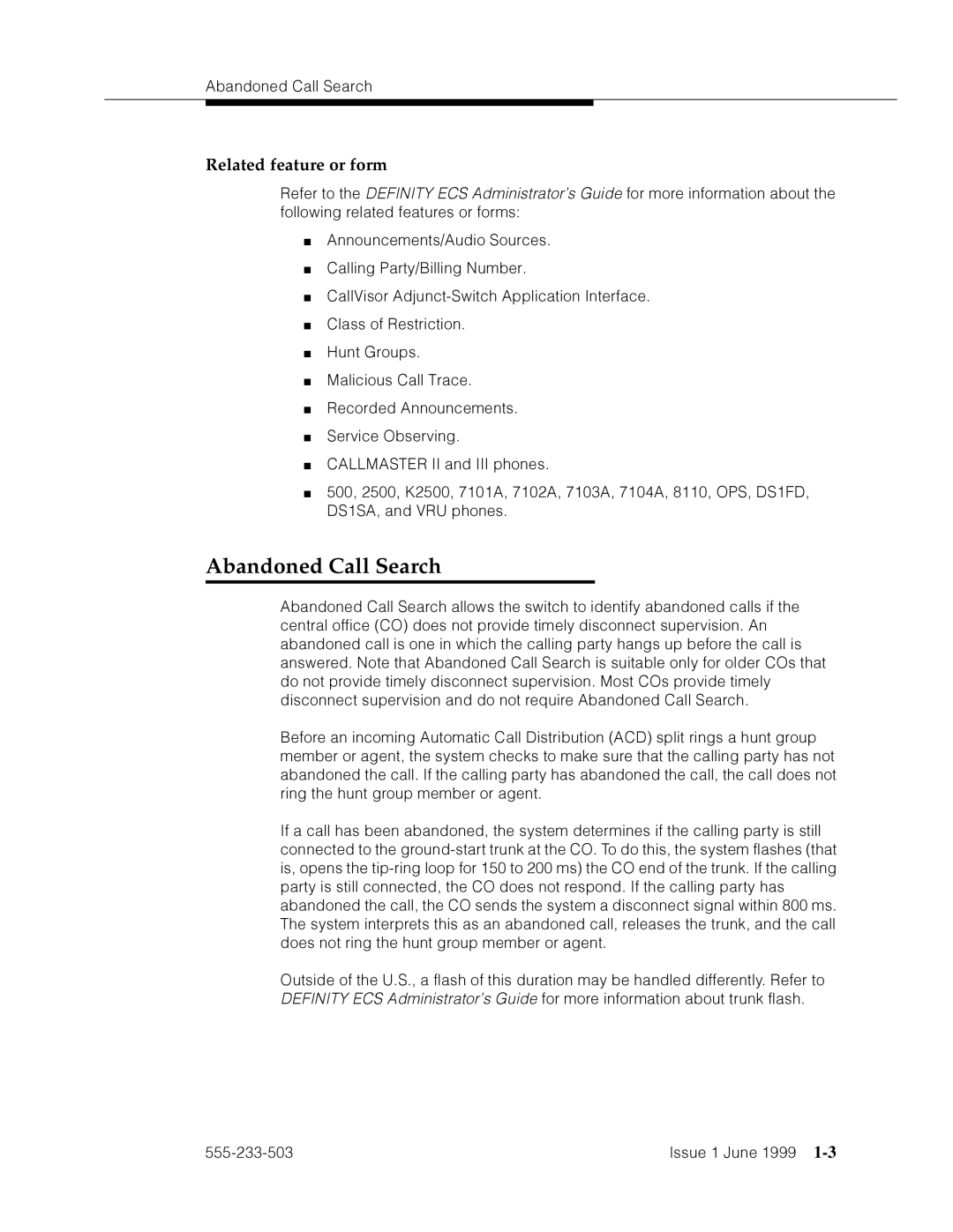 Avaya 555-233-503 manual Abandoned Call Search, Related feature or form, =pmF=˜dd˜F4 