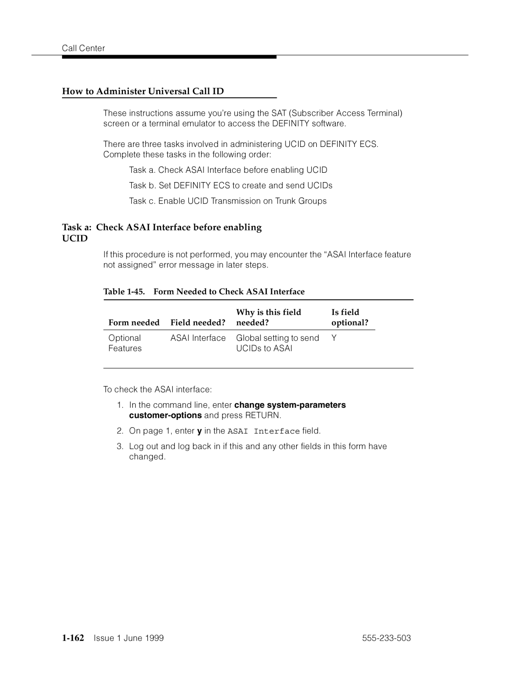 Avaya 555-233-503 How to Administer Universal Call ID, Task a Check Asai Interface before enabling, 162’’¤F˜s˜¤mF˜snnn˜ 