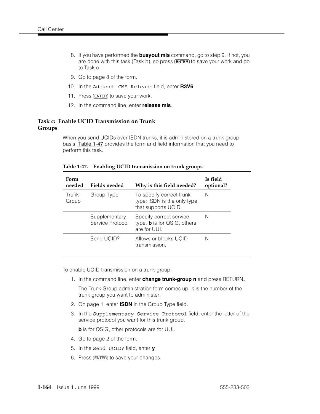 Avaya 555-233-503 manual Task c Enable Ucid Transmission on Trunk Groups, ˜›p˜zVF˜G˜pO˜›F˜Oph, 164’’¤F˜s˜¤mF˜snnn˜ 