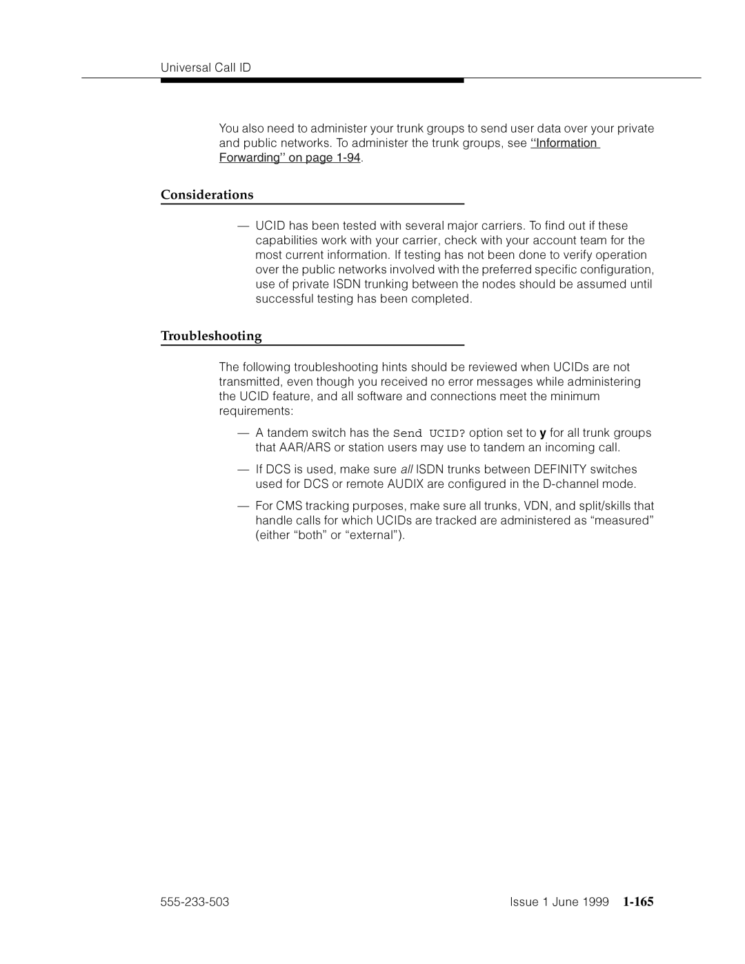 Avaya 555-233-503 manual Considerations Troubleshooting 