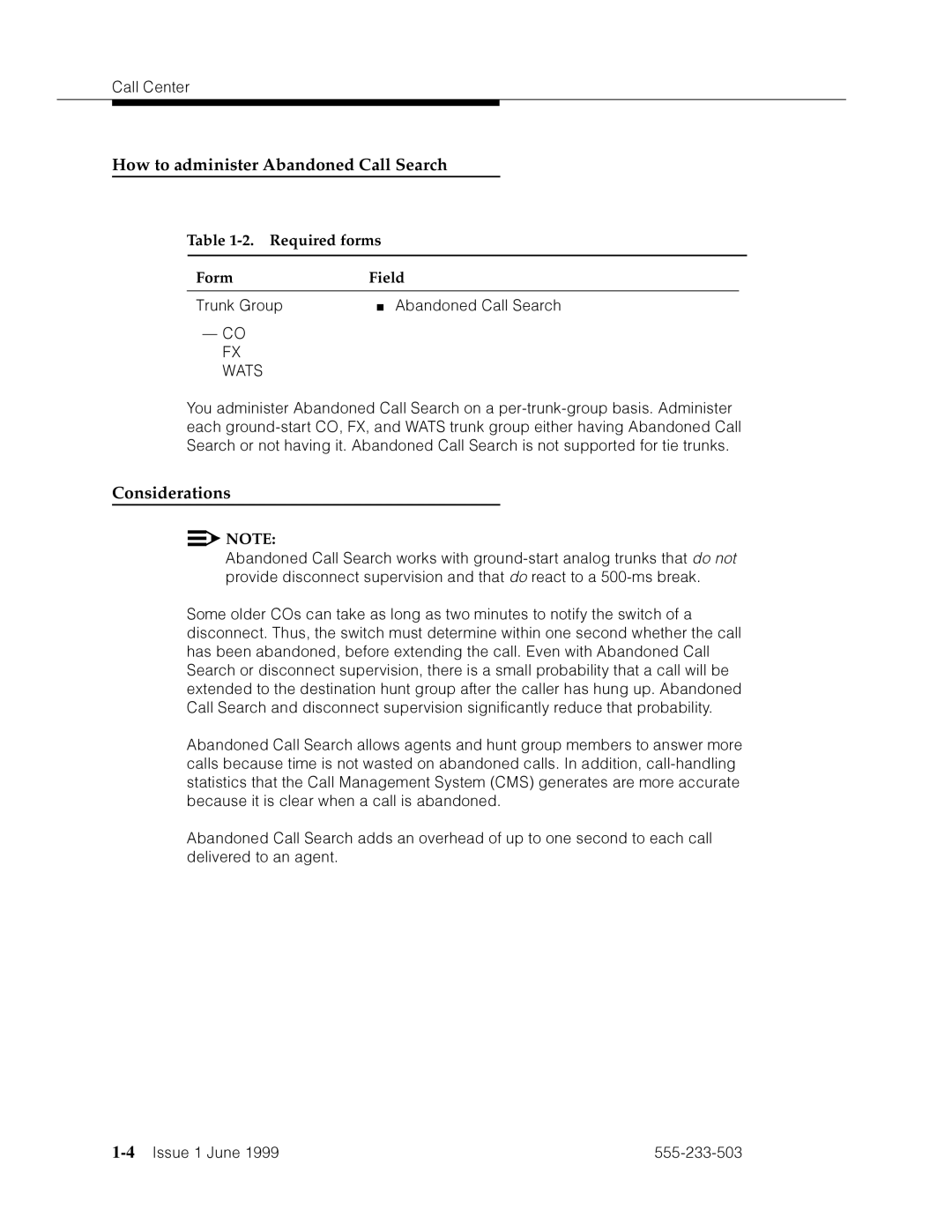 Avaya 555-233-503 manual How to administer Abandoned Call Search, Considerations, Required forms Form Field 