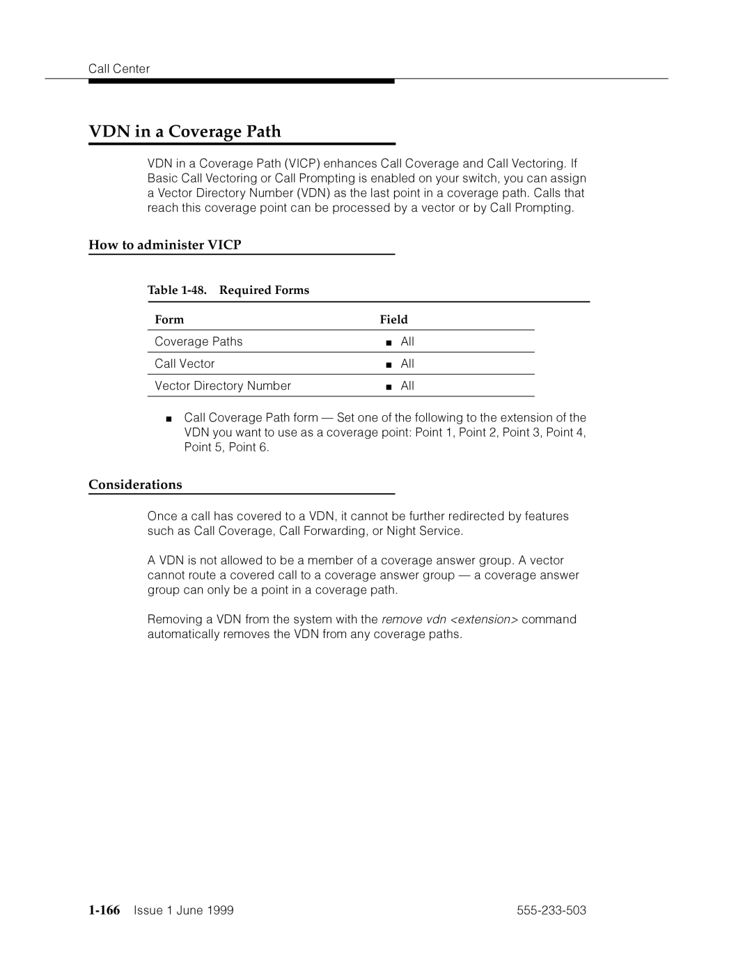 Avaya 555-233-503 manual VDN in a Coverage Path, How to administer Vicp, Required Forms Field, 166’’¤F˜s˜¤mF˜snnn˜ 