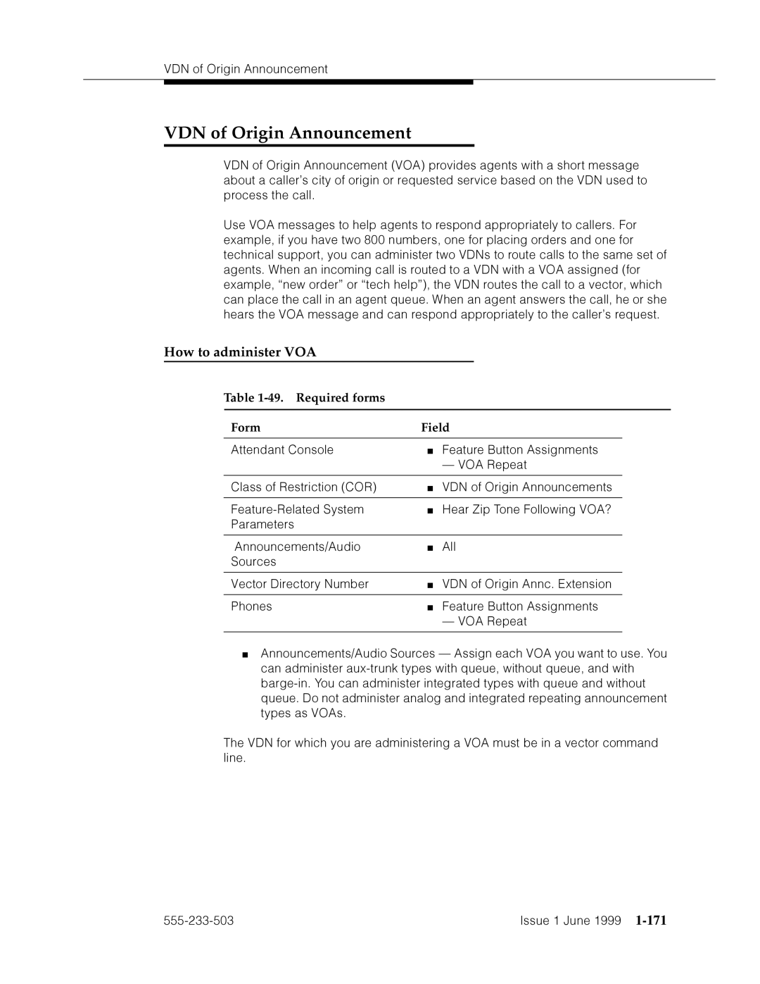 Avaya 555-233-503 manual VDN of Origin Announcement, How to administer VOA, Required forms Form Field, ˜˜FzF› 