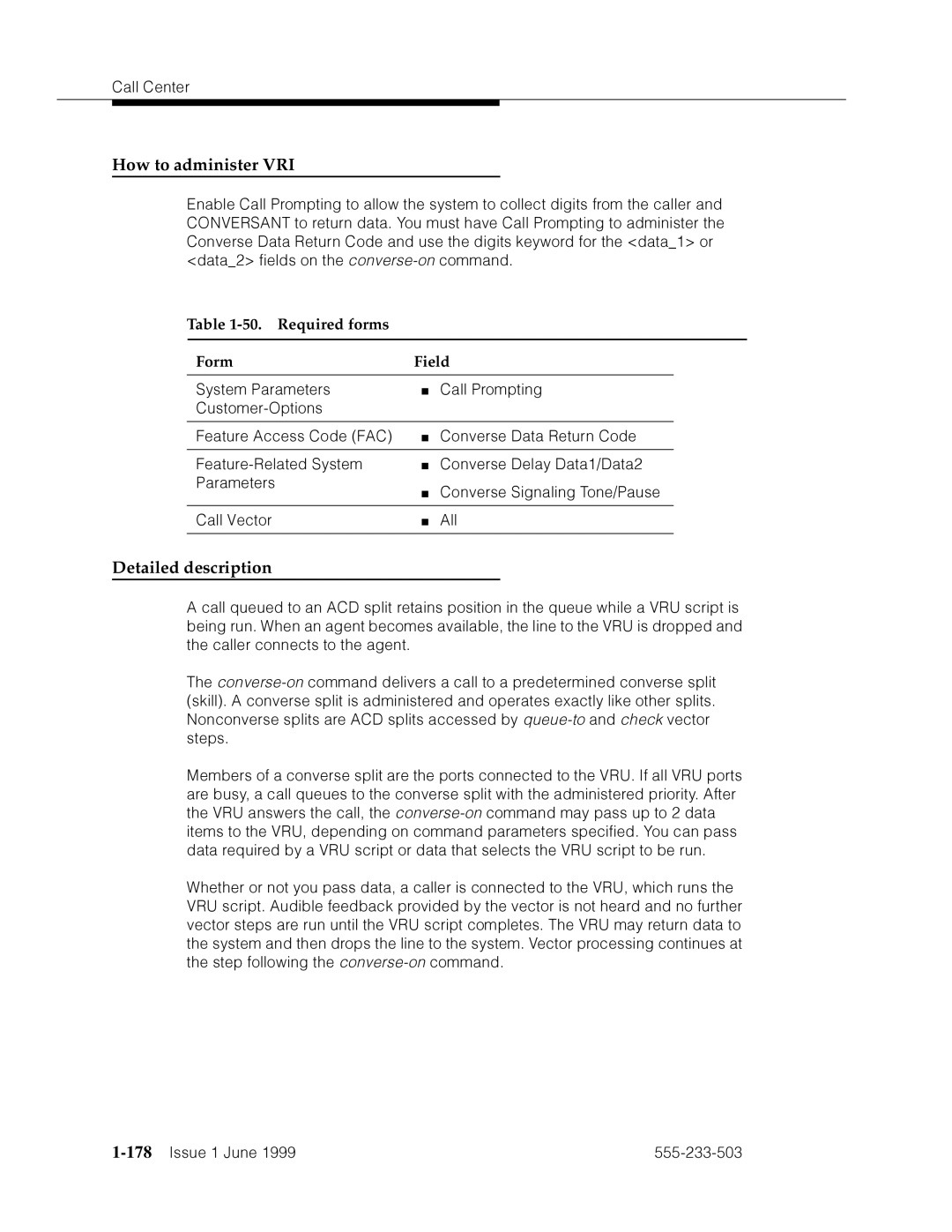 Avaya 555-233-503 manual How to administer VRI, Required forms Form Field, 178’’¤F˜s˜¤mF˜snnn˜ 