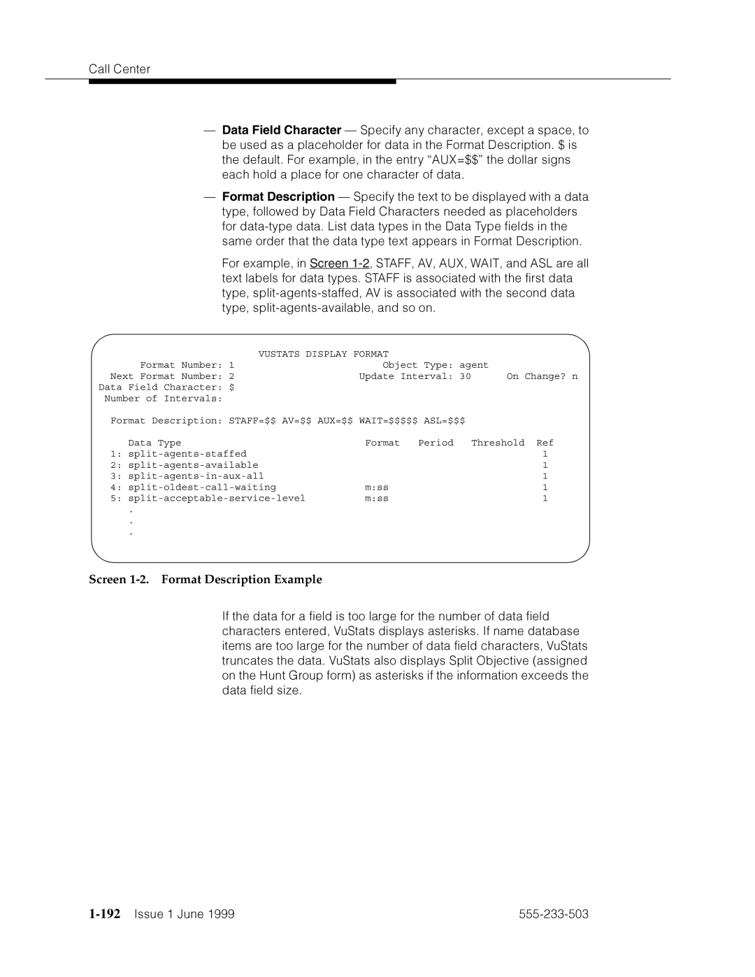 Avaya 555-233-503 manual Screen 1-2. Format Description Example, 192’’¤F˜s˜¤mF˜snnn˜ 