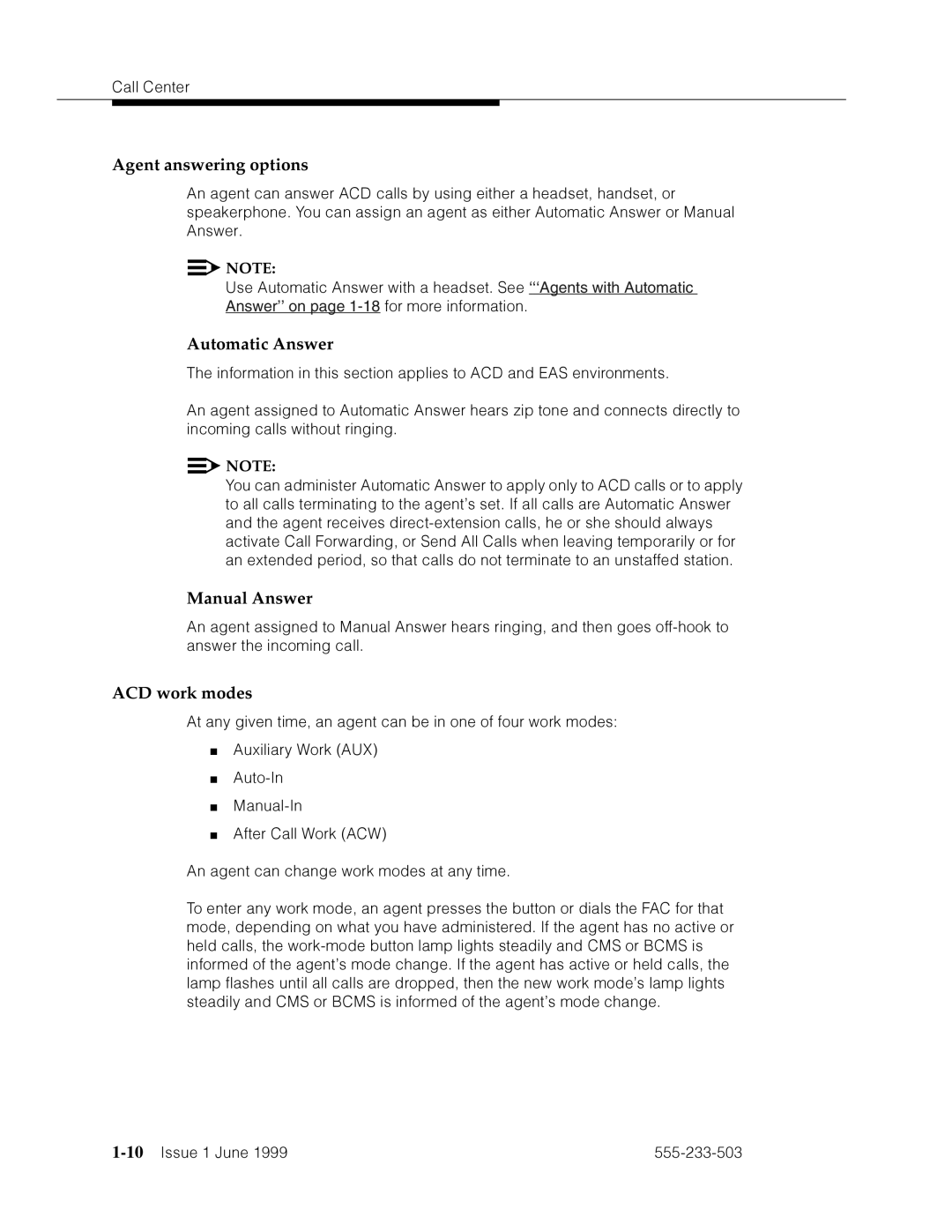 Avaya 555-233-503 manual Agent answering options, Automatic Answer, Manual Answer, ACD work modes, 10’’¤F˜s˜¤mF˜snnn˜ 