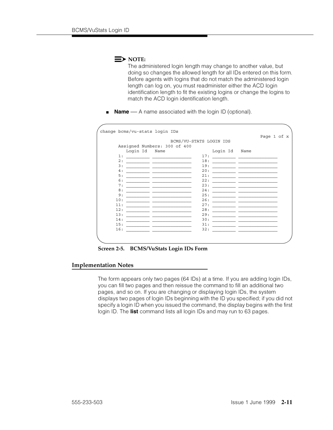 Avaya 555-233-503 manual Name˜-˜˜mhF˜’’p4a›F=˜§a›˜›F˜dpVam˜˜pz›apmd, Screen 2-5. BCMS/VuStats Login IDs Form 