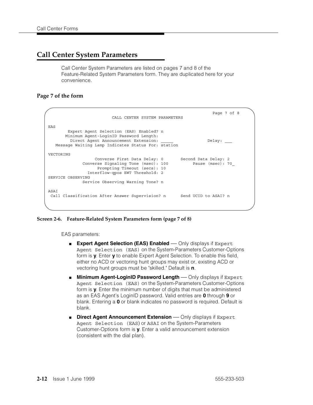 Avaya 555-233-503 Call Center System Parameters, of the form, Screen 2-6. Feature-Related System Parameters form page 7 