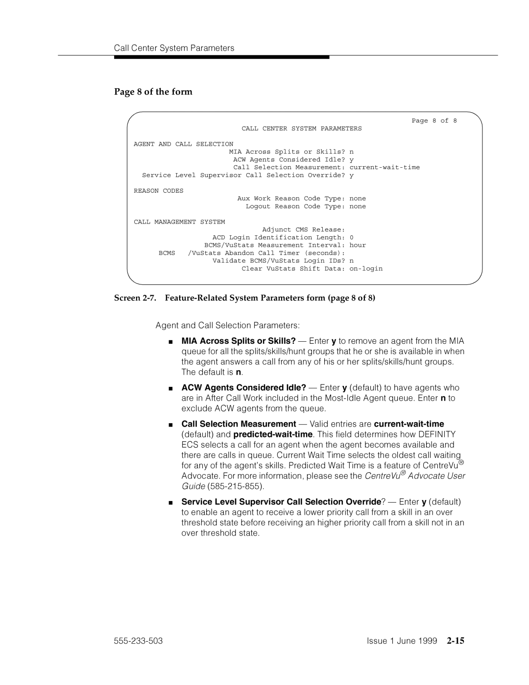 Avaya 555-233-503 manual of the form, Screen 2-7. Feature-Related System Parameters form page 8, VFm›˜m=˜dd˜FdF4›apm˜hF›F’9 