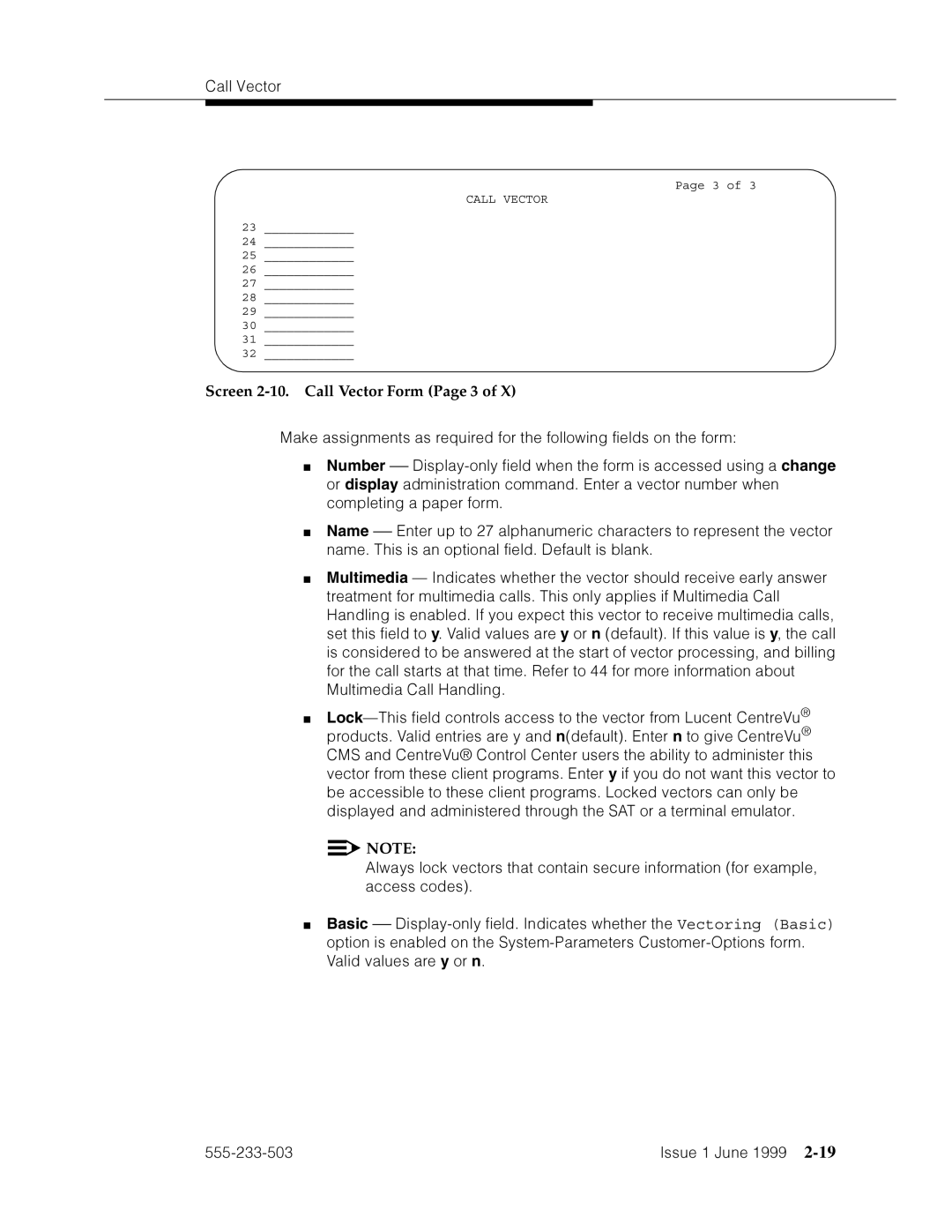 Avaya 555-233-503 manual Screen 2-10. Call Vector Form Page 3, CF˜’’aVmhFm›’˜’˜F„¤aF=˜Op˜›F˜Opddp§amV˜OaFd=’˜pm˜›F˜Oph9 