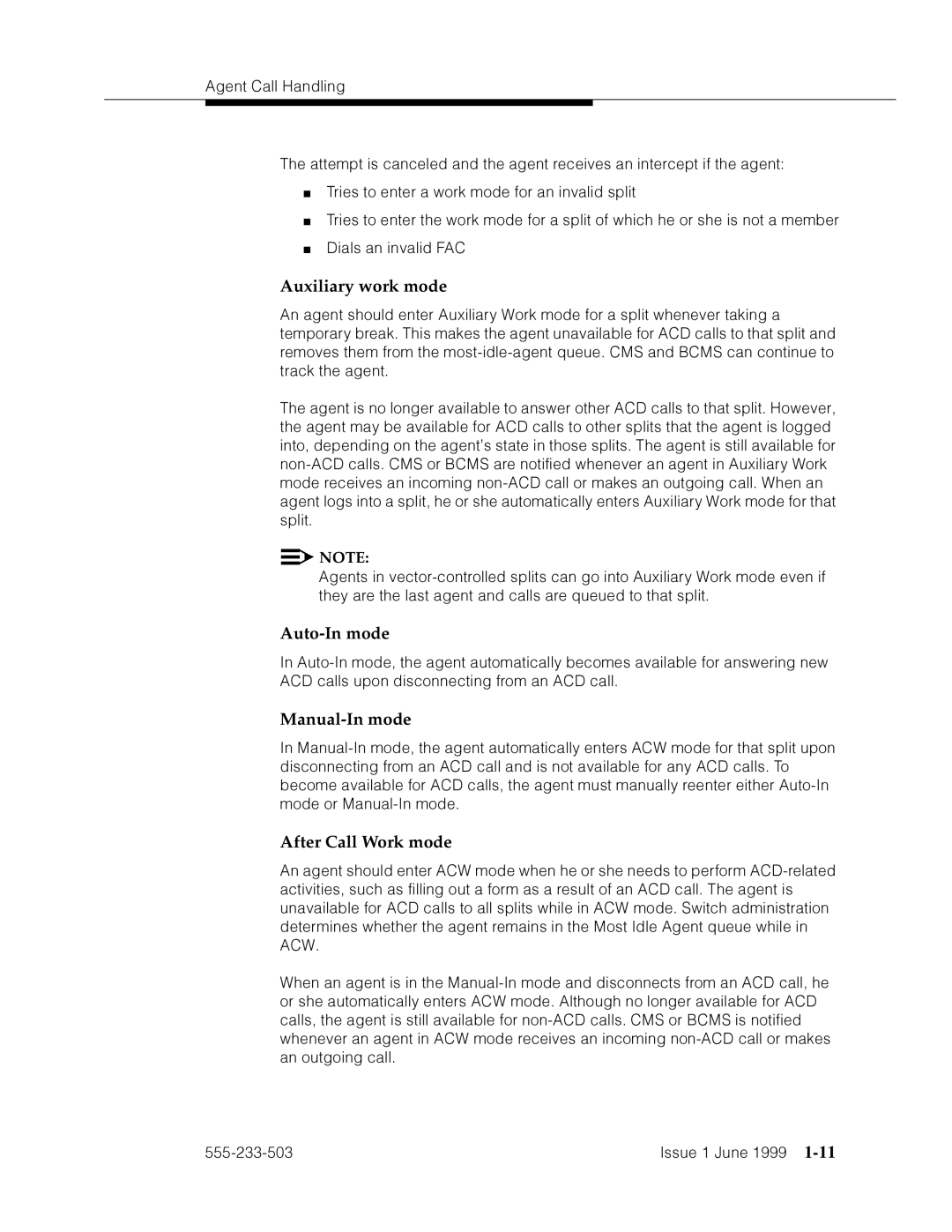 Avaya 555-233-503 manual Auxiliary work mode, Auto-In mode, Manual-In mode, After Call Work mode 