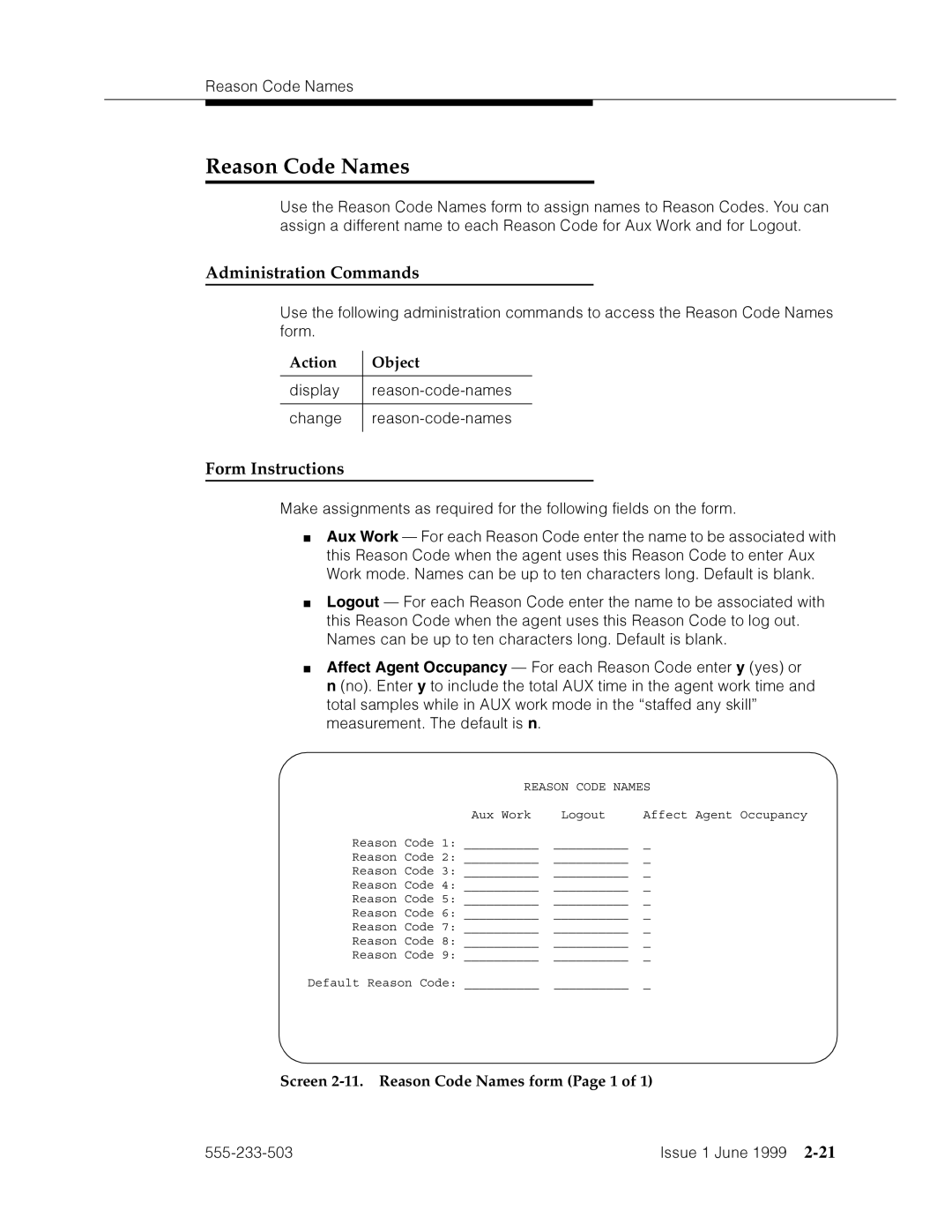 Avaya 555-233-503 manual Action Object, =a’zd ’pm4p=FmhF’ 4mVF, Screen 2-11. Reason Code Names form Page 1 