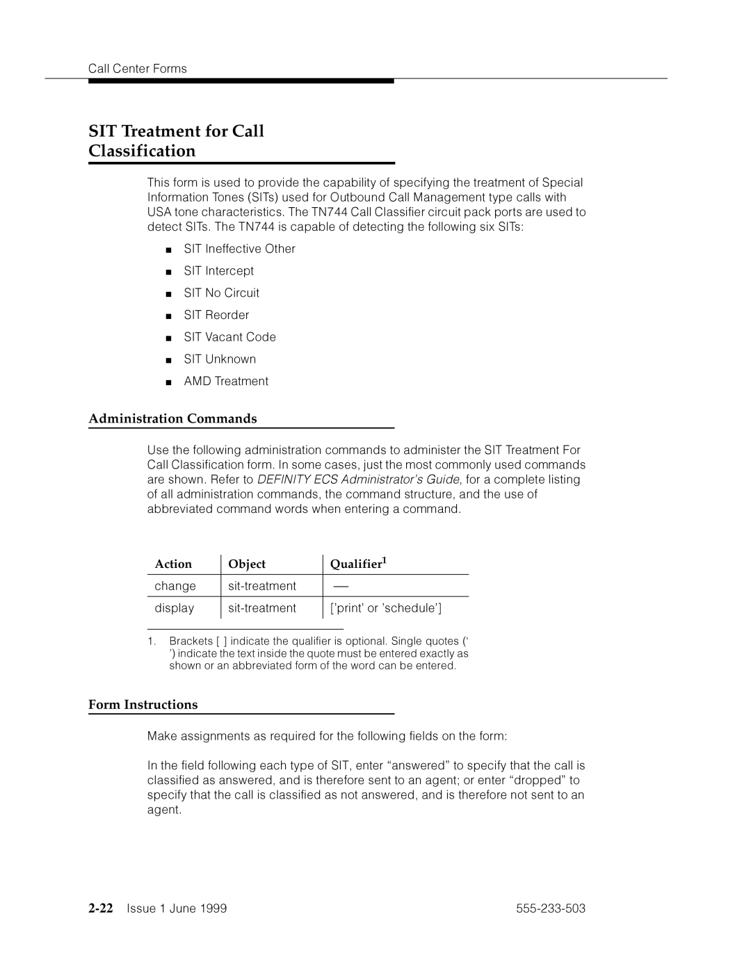 Avaya 555-233-503 manual SIT Treatment for Call Classification, 4mVF ’a››F›hFm› ˜ -˜ =a’zd 