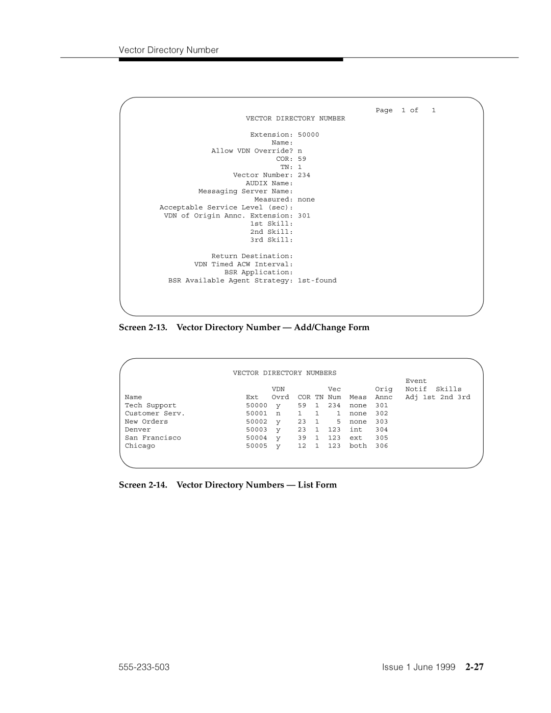 Avaya 555-233-503 Screen 2-13. Vector Directory Number Add/Change Form, Screen 2-14. Vector Directory Numbers List Form 