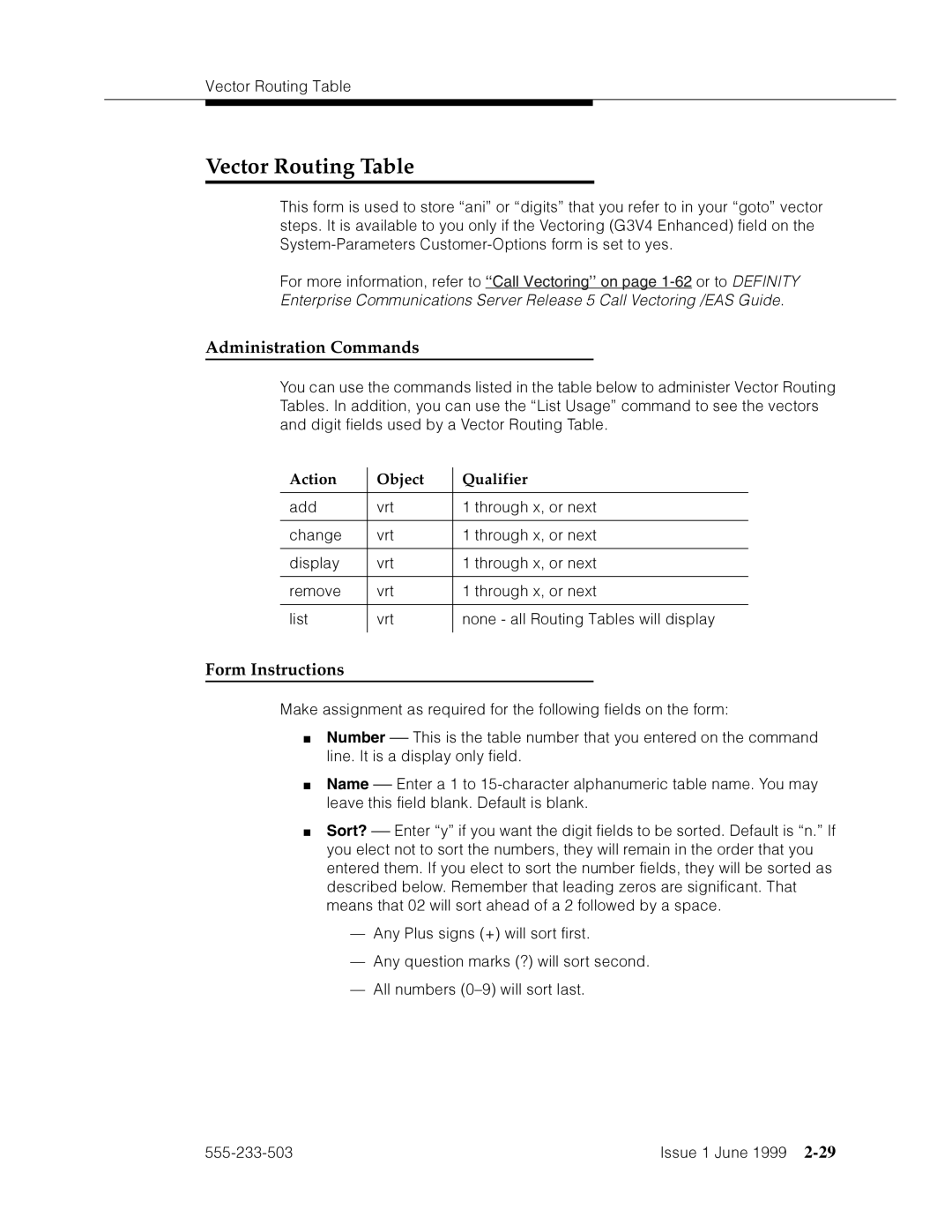 Avaya 555-233-503 manual Vector Routing Table, ˜›p¤V˜¨˜p˜mF¨› 