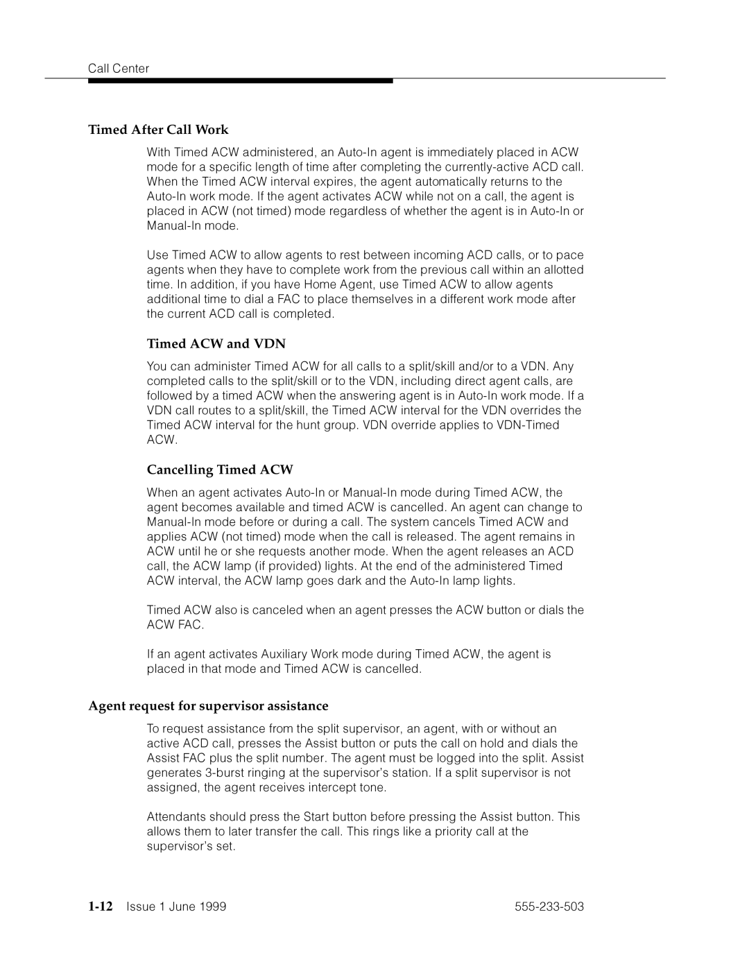 Avaya 555-233-503 Timed After Call Work, Timed ACW and VDN, Cancelling Timed ACW, Agent request for supervisor assistance 