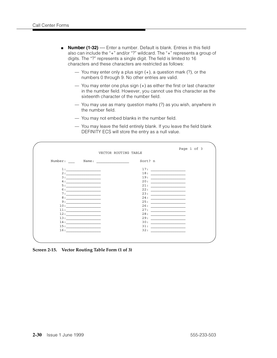 Avaya 555-233-503 manual Screen 2-15. Vector Routing Table Form 1, 30’’¤F˜s˜¤mF˜snnn˜ 