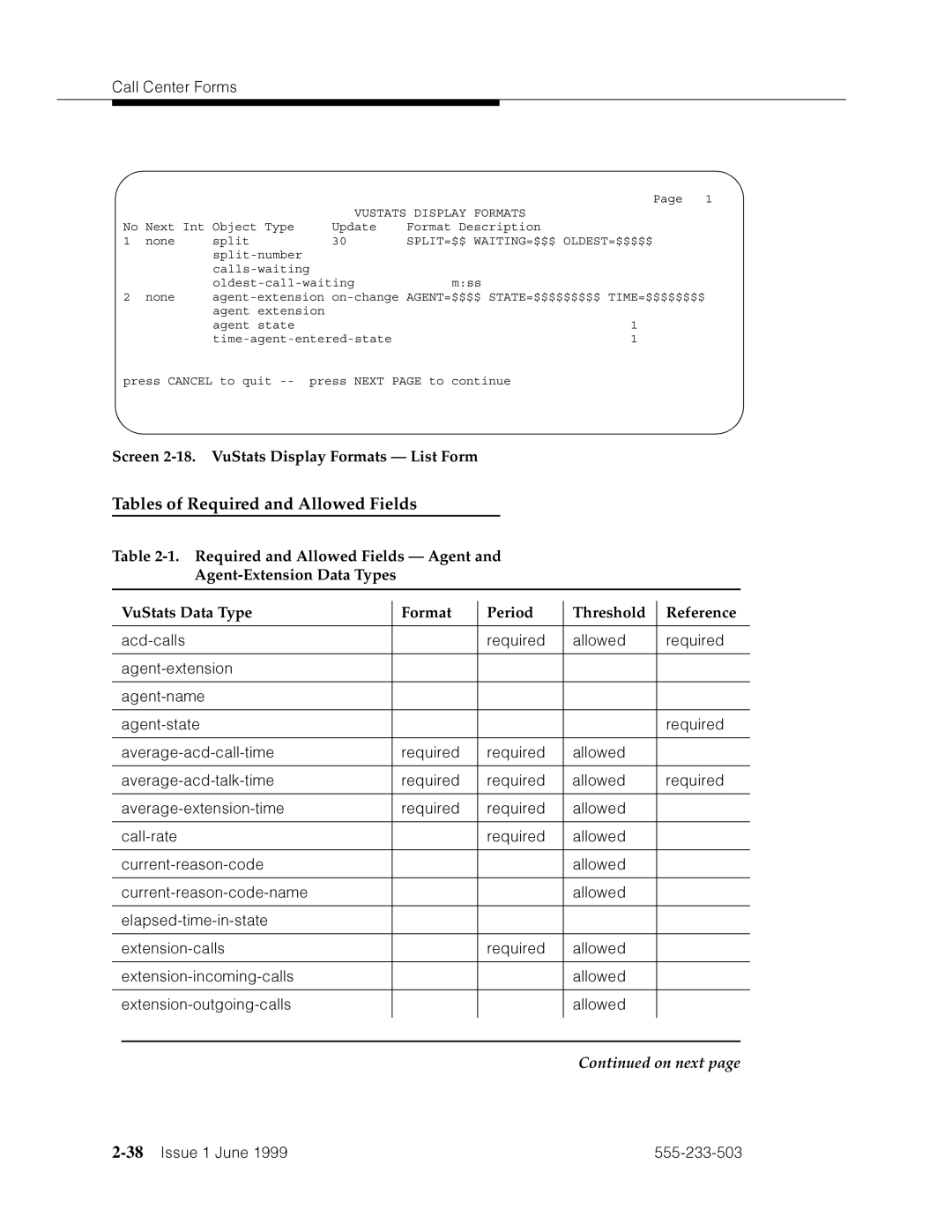 Avaya 555-233-503 manual Tables of Required and Allowed Fields, Screen 2-18. VuStats Display Formats List Form 