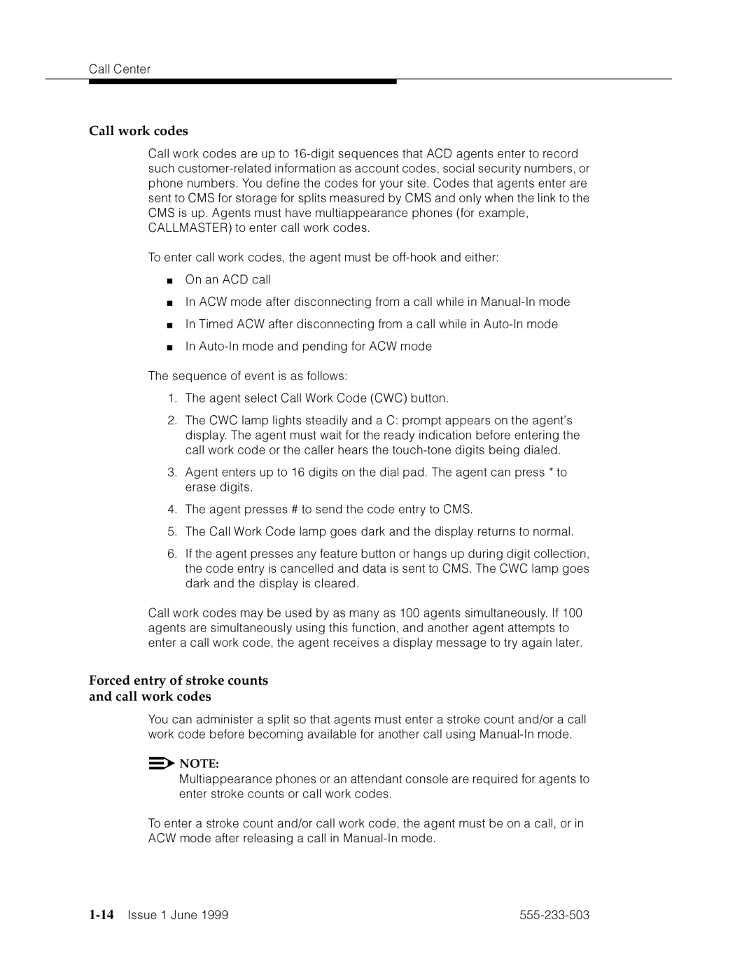 Avaya 555-233-503 manual Call work codes, Forced entry of stroke counts and call work codes, 14’’¤F˜s˜¤mF˜snnn˜ 