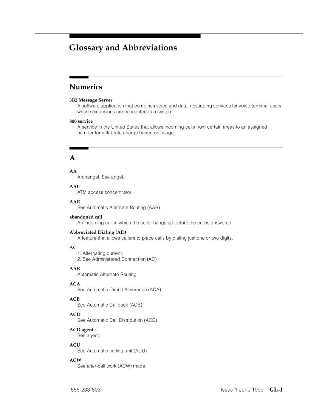 Avaya 555-233-503 manual Numerics, ˜QQQ¢Q¬ ’’¤F˜s˜¤mF˜snnn GL-1, Aac 