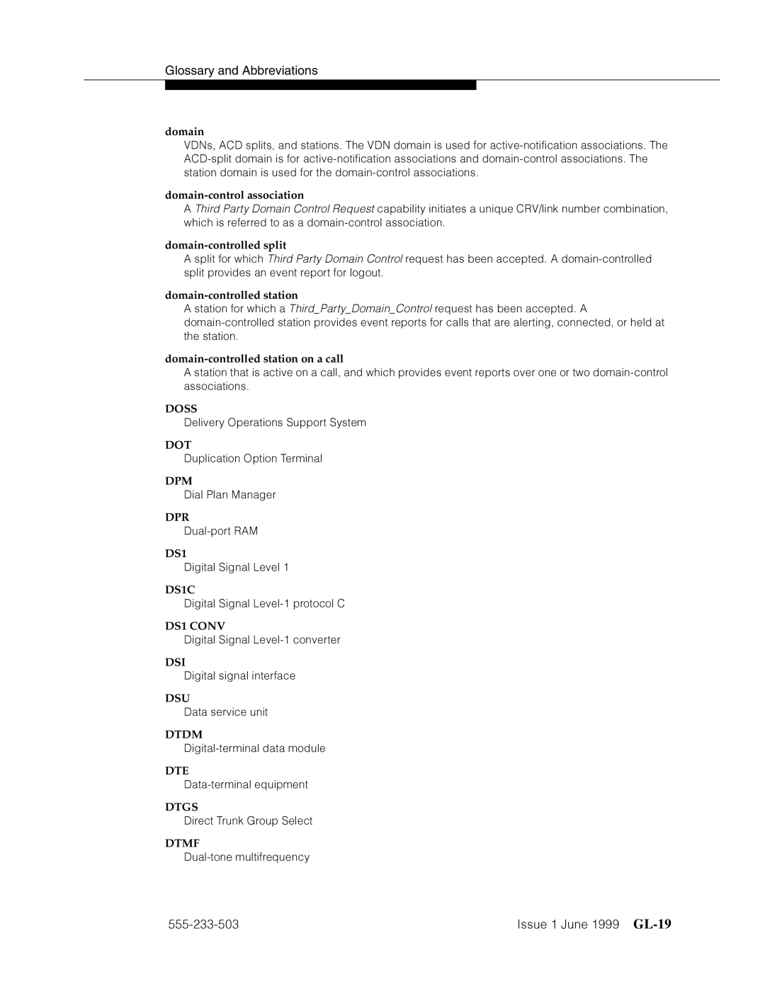 Avaya 555-233-503 manual ˜QQQ¢Q¬ ’’¤F˜s˜¤mF˜snnn GL-19, Domain, DS1 aVa›d˜aVmd˜FFd˜s DS1C aVa›d˜aVmd˜FFds˜zp›p4pd˜ 