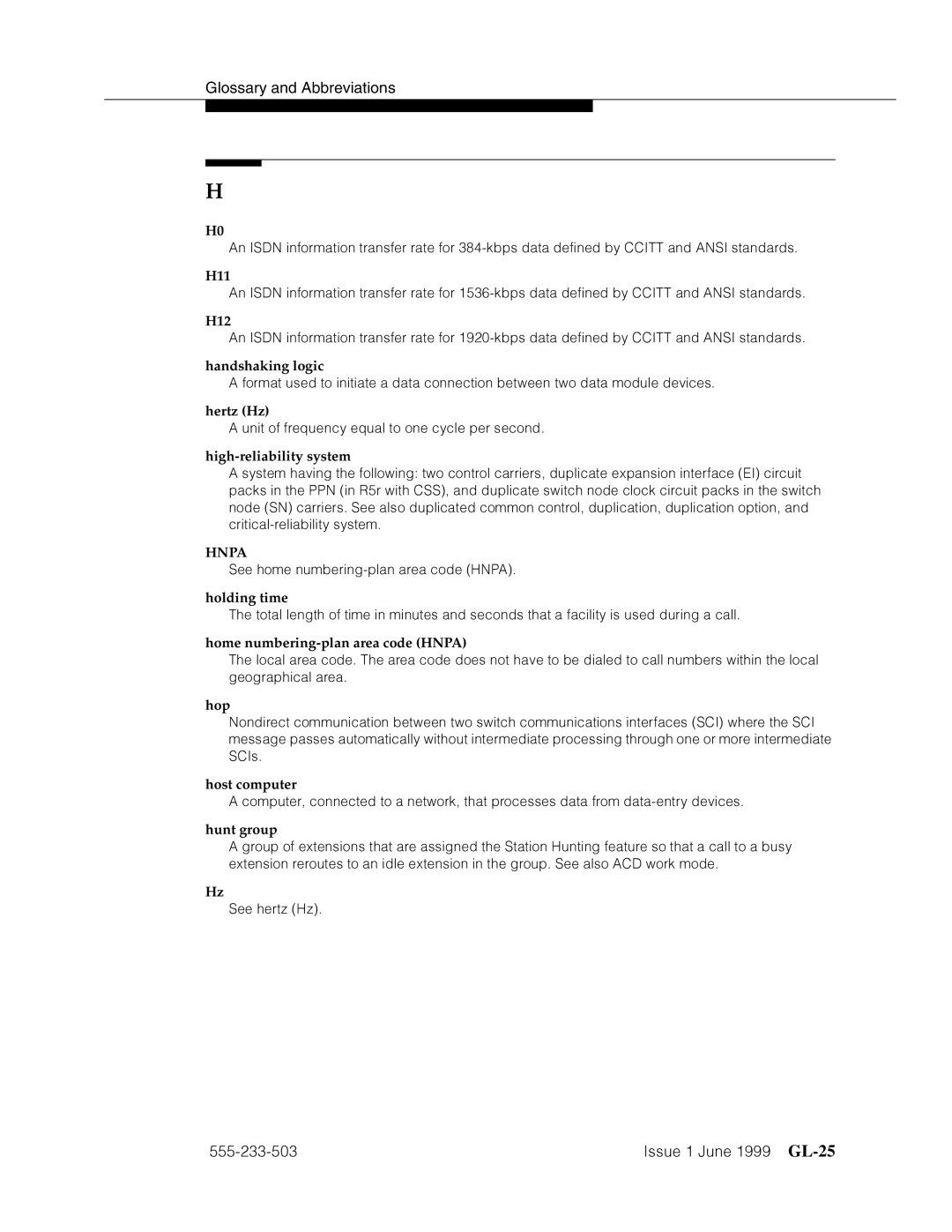 Avaya 555-233-503 manual ˜QQQ¢Q¬ ’’¤F˜s˜¤mF˜snnn GL-25, Handshaking logic, Hertz Hz, Holding time 