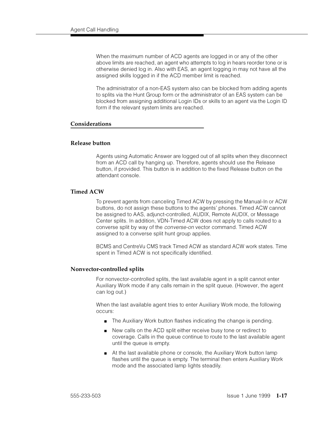 Avaya 555-233-503 manual Considerations Release button Timed ACW, Nonvector-controlled splits 