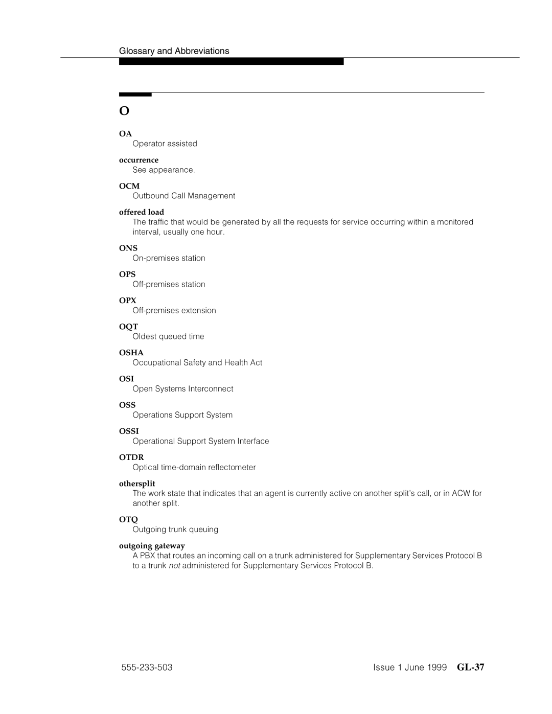 Avaya 555-233-503 manual ˜QQQ¢Q¬ ’’¤F˜s˜¤mF˜snnn GL-37, Occurrence, Ocm, ONS mzFha’F’˜’››apm OPS OOzFha’F’˜’››apm, Otq 