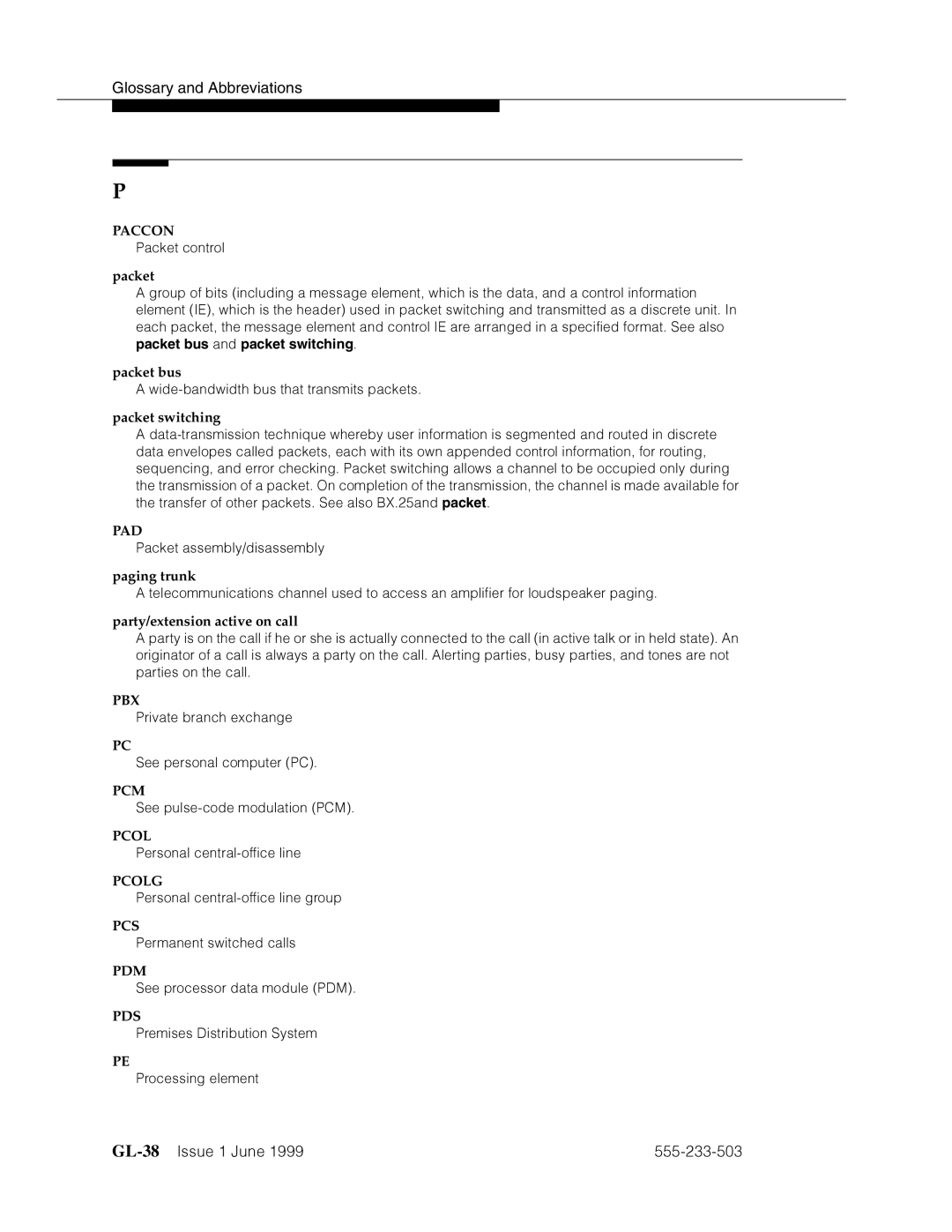 Avaya 555-233-503 manual GL-38’’¤F˜s˜¤mF˜snnn˜, Paccon, Packet bus, Paging trunk, PCS FhmFm›˜’§a›4F=˜4dd’ 