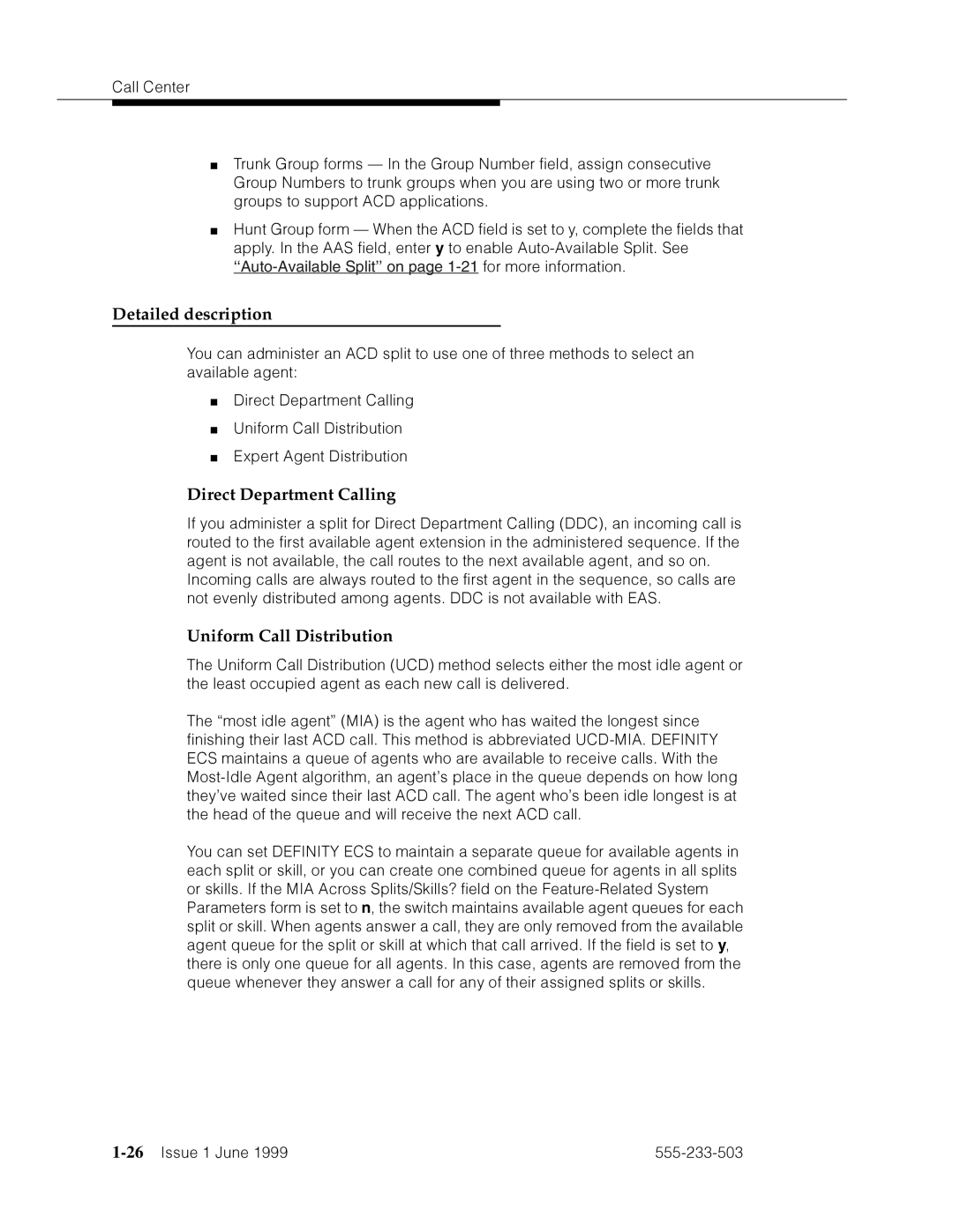 Avaya 555-233-503 manual Direct Department Calling, Uniform Call Distribution, 26’’¤F˜s˜¤mF˜snnn˜ 