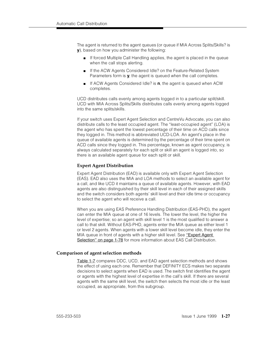 Avaya 555-233-503 manual Expert Agent Distribution, Comparison of agent selection methods 